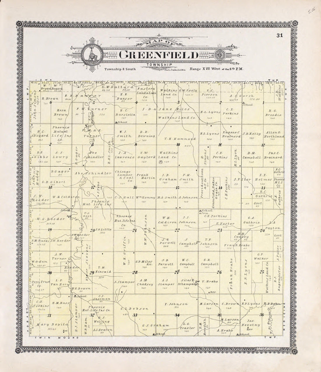 Greenfield from Standard Atlas of Rooks County, Kansas : Including a Plat Book of the Villages, Cities and Townships of the County, Map of the State, United States and World, Patrons Directory, Reference Business … 1904 by Relic Map Company