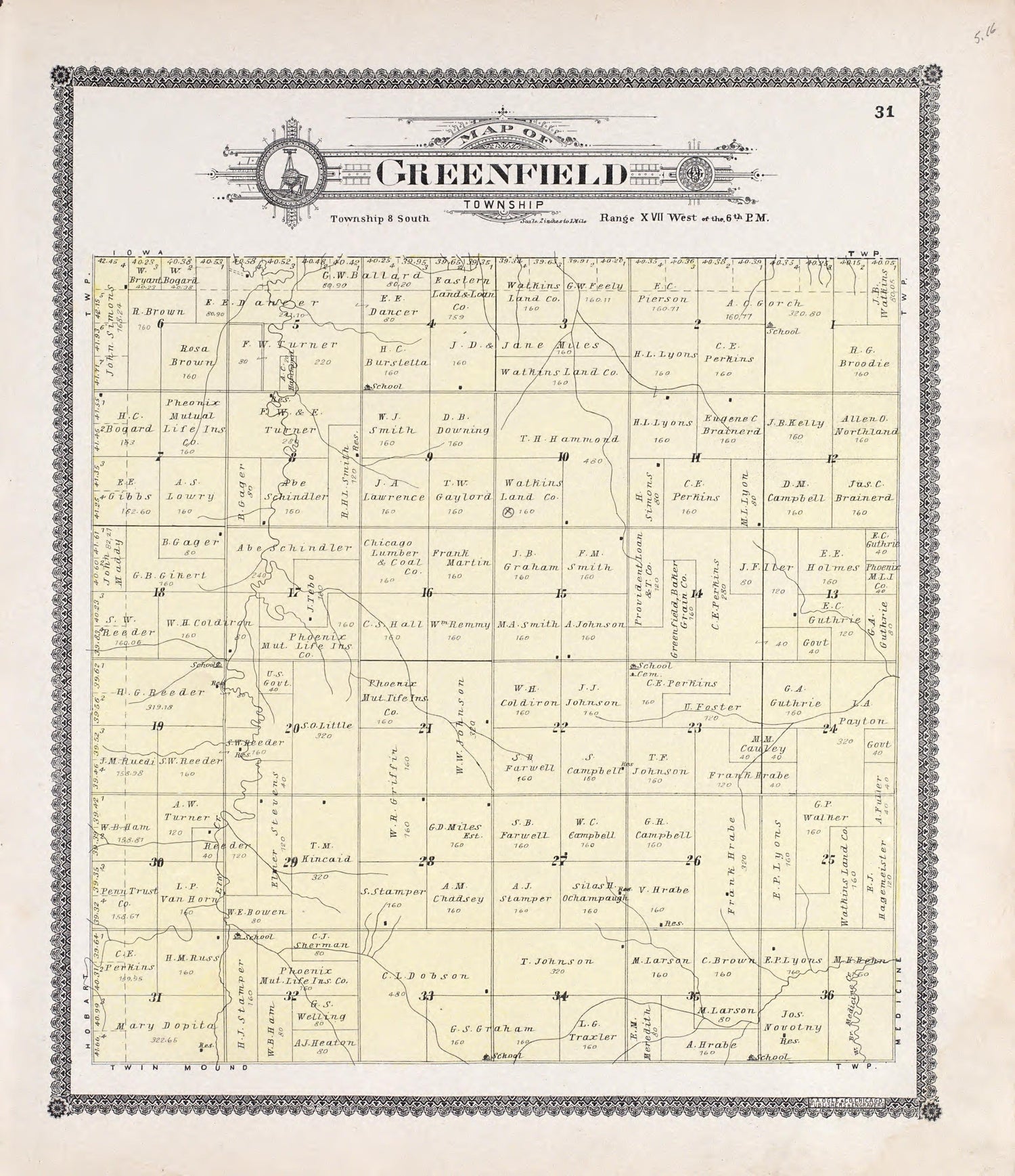 Greenfield from Standard Atlas of Rooks County, Kansas : Including a Plat Book of the Villages, Cities and Townships of the County, Map of the State, United States and World, Patrons Directory, Reference Business … 1904 by Relic Map Company