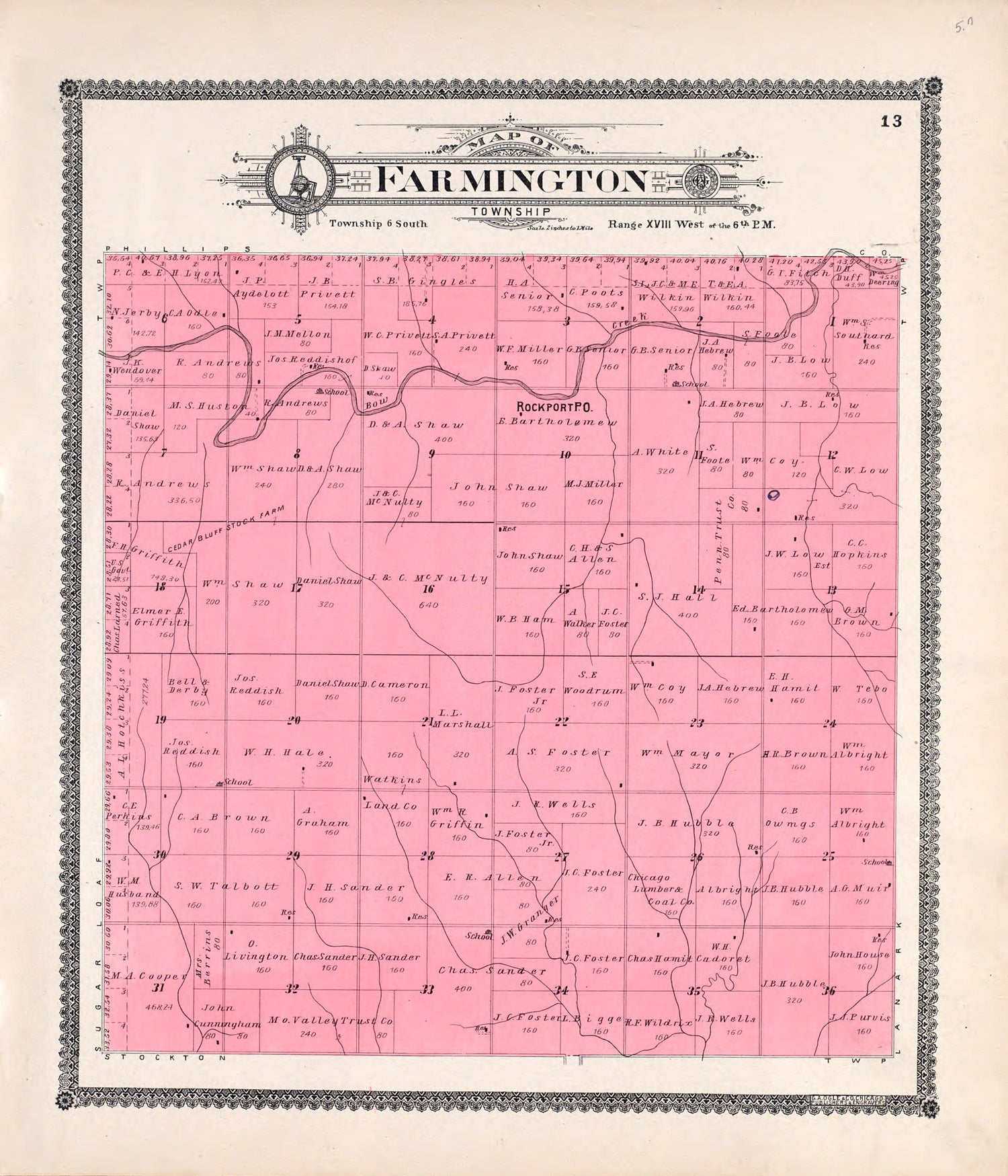 Farmington from Standard Atlas of Rooks County, Kansas : Including a Plat Book of the Villages, Cities and Townships of the County, Map of the State, United States and World, Patrons Directory, Reference Business … 1904 by Relic Map Company