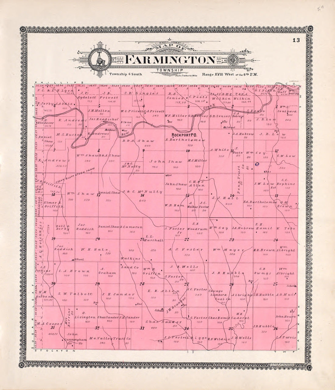 Farmington from Standard Atlas of Rooks County, Kansas : Including a Plat Book of the Villages, Cities and Townships of the County, Map of the State, United States and World, Patrons Directory, Reference Business … 1904 by Relic Map Company