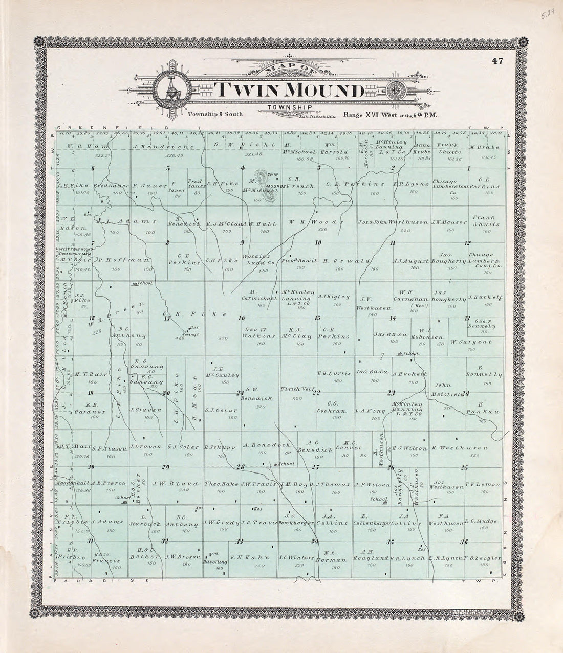 Twin Mound from Standard Atlas of Rooks County, Kansas : Including a Plat Book of the Villages, Cities and Townships of the County, Map of the State, United States and World, Patrons Directory, Reference Business … 1904 by Relic Map Company