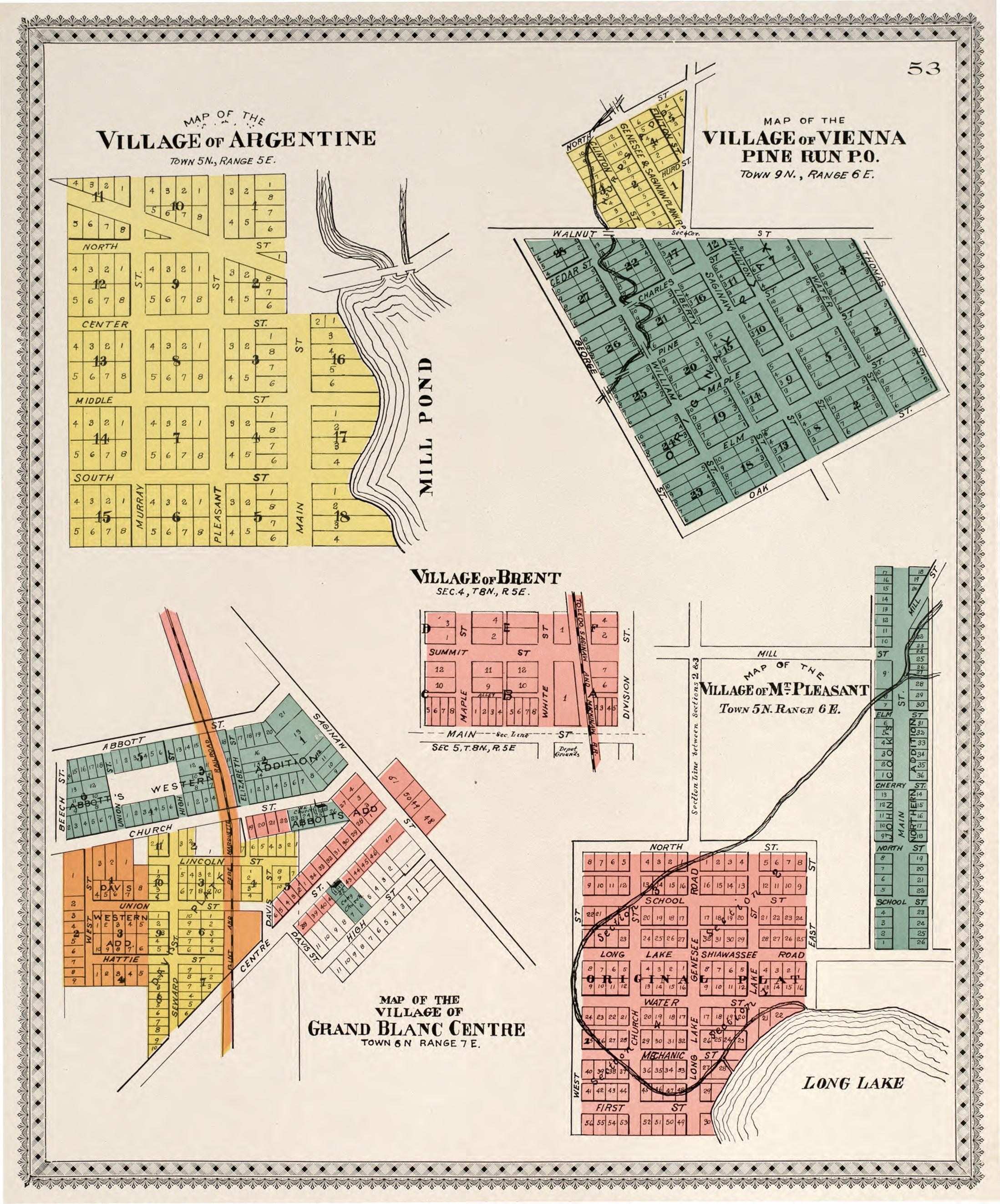 Map of Village of Argentine/ Vienna/ Mt. Pleasant/ Brent from Atlas of Genesee County, Michigan : Containing Maps of Every Township In the County, With Village and City Plats, Also Maps of Michigan and the United States, from Official Records 1899 by Relic Map Company
