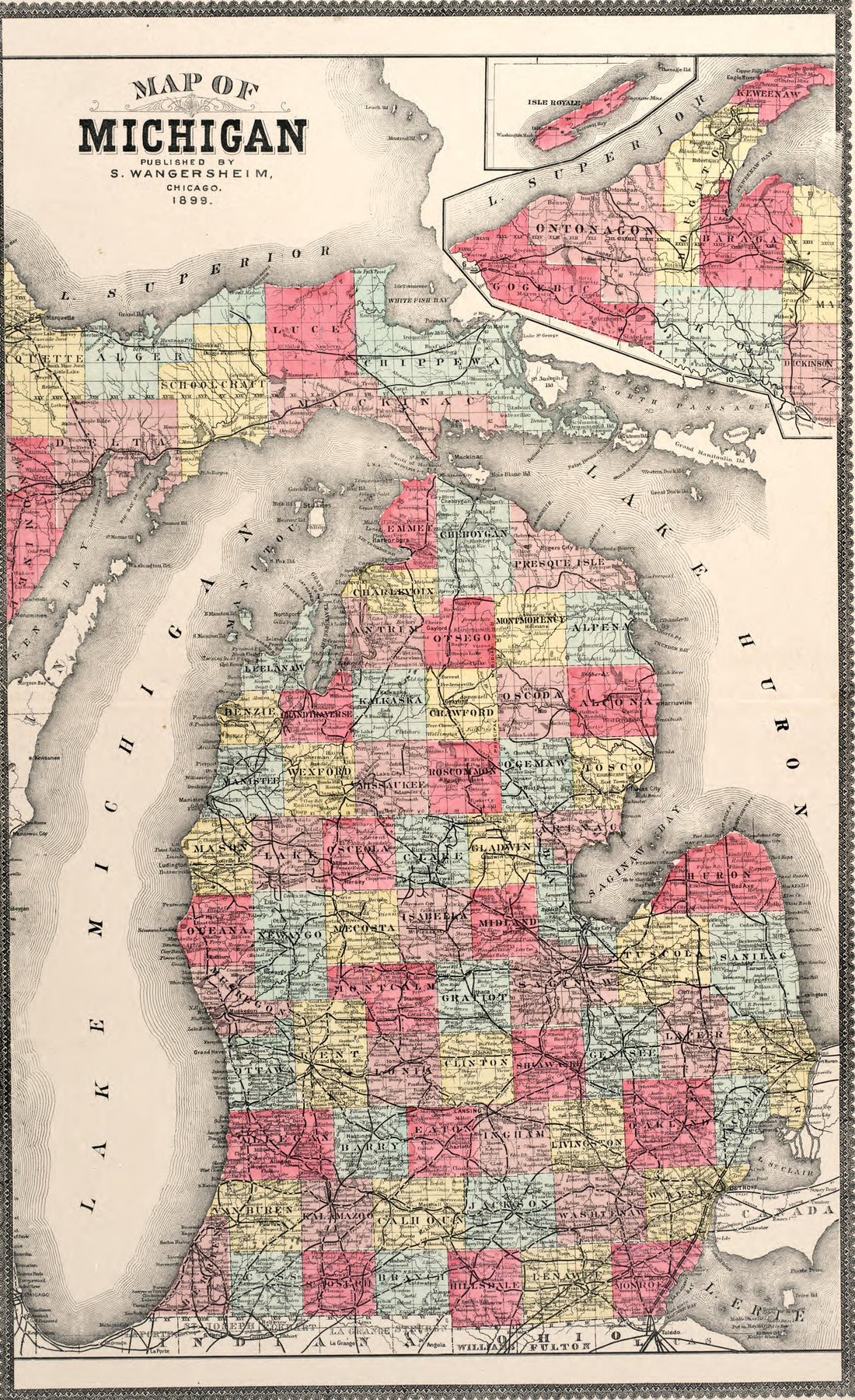 Map of Michigan from Atlas of Genesee County, Michigan : Containing Maps of Every Township In the County, With Village and City Plats, Also Maps of Michigan and the United States, from Official Records 1899 by Relic Map Company