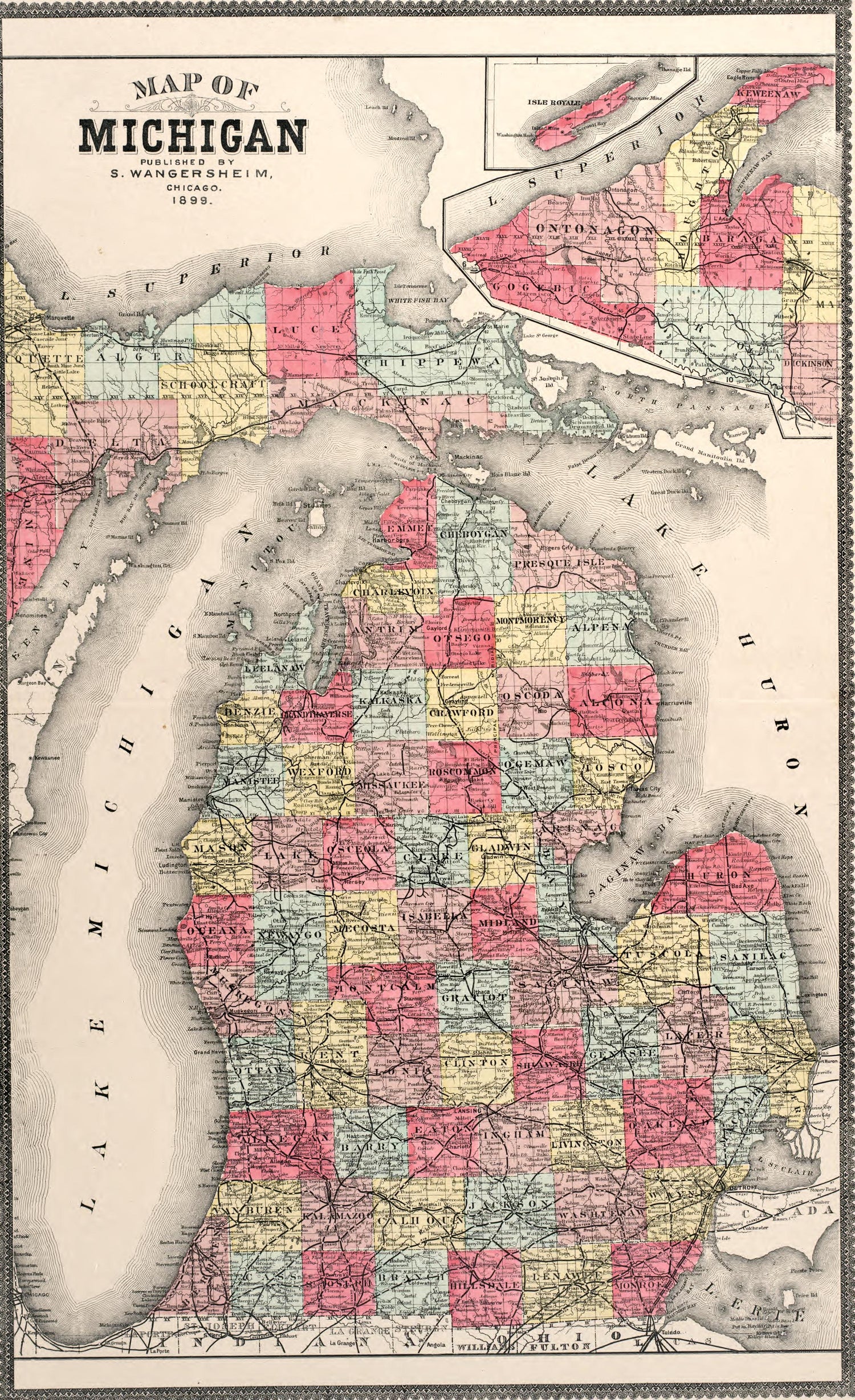 Map of Michigan from Atlas of Genesee County, Michigan : Containing Maps of Every Township In the County, With Village and City Plats, Also Maps of Michigan and the United States, from Official Records 1899 by Relic Map Company