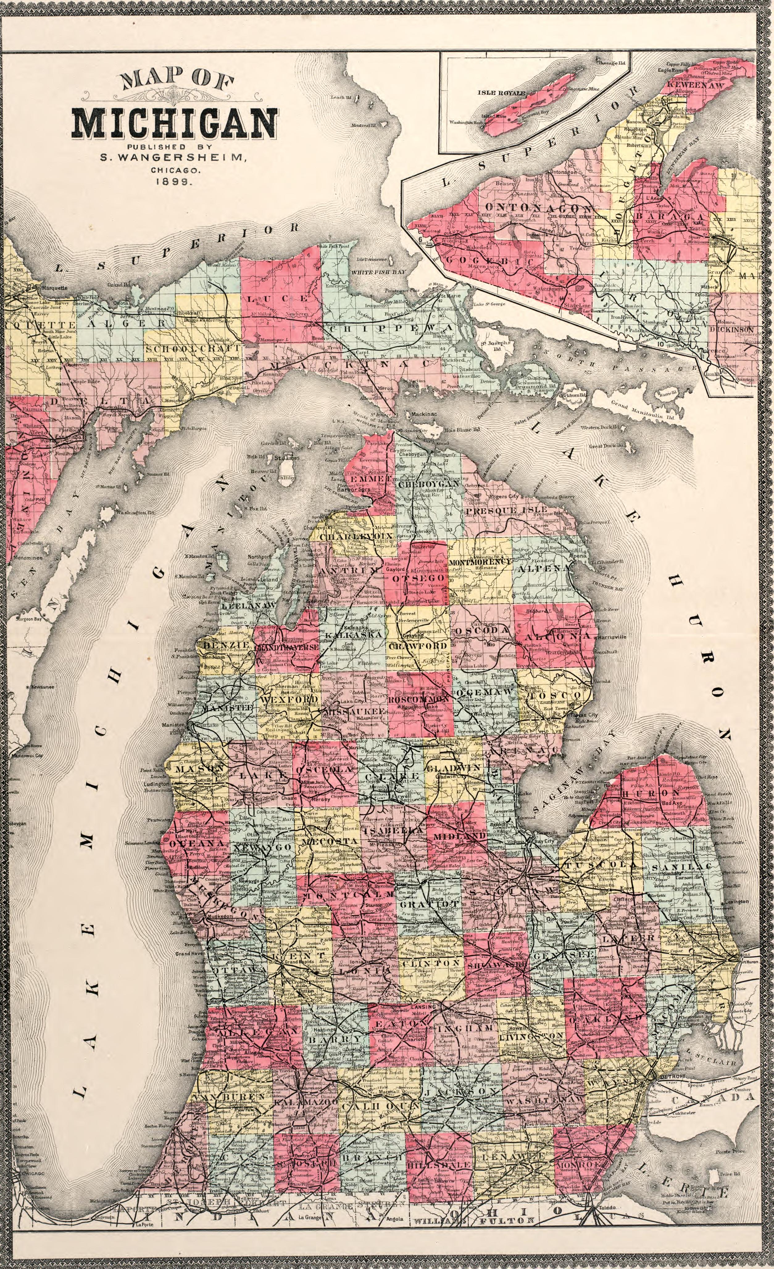 Map of Michigan from Atlas of Genesee County, Michigan : Containing Maps of Every Township In the County, With Village and City Plats, Also Maps of Michigan and the United States, from Official Records 1899 by Relic Map Company
