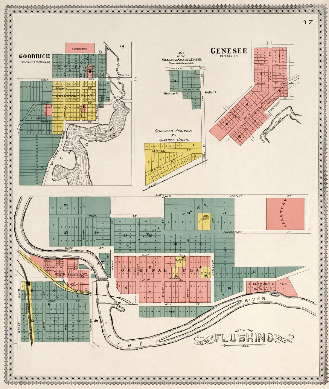 Map of Flushing from Atlas of Genesee County, Michigan : Containing Maps of Every Township In the County, With Village and City Plats, Also Maps of Michigan and the United States, from Official Records 1899 by Relic Map Company