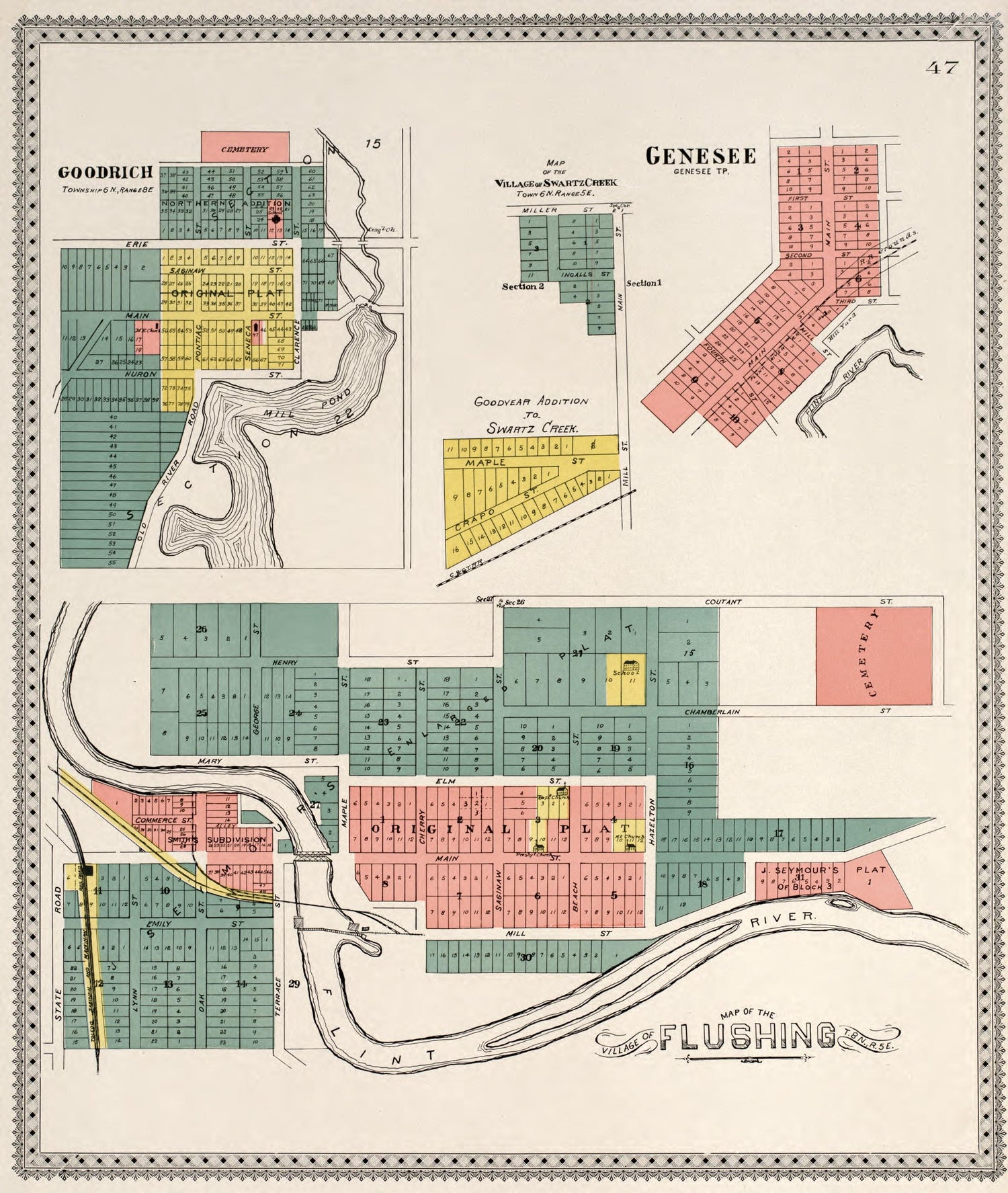 Map of Flushing from Atlas of Genesee County, Michigan : Containing Maps of Every Township In the County, With Village and City Plats, Also Maps of Michigan and the United States, from Official Records 1899 by Relic Map Company