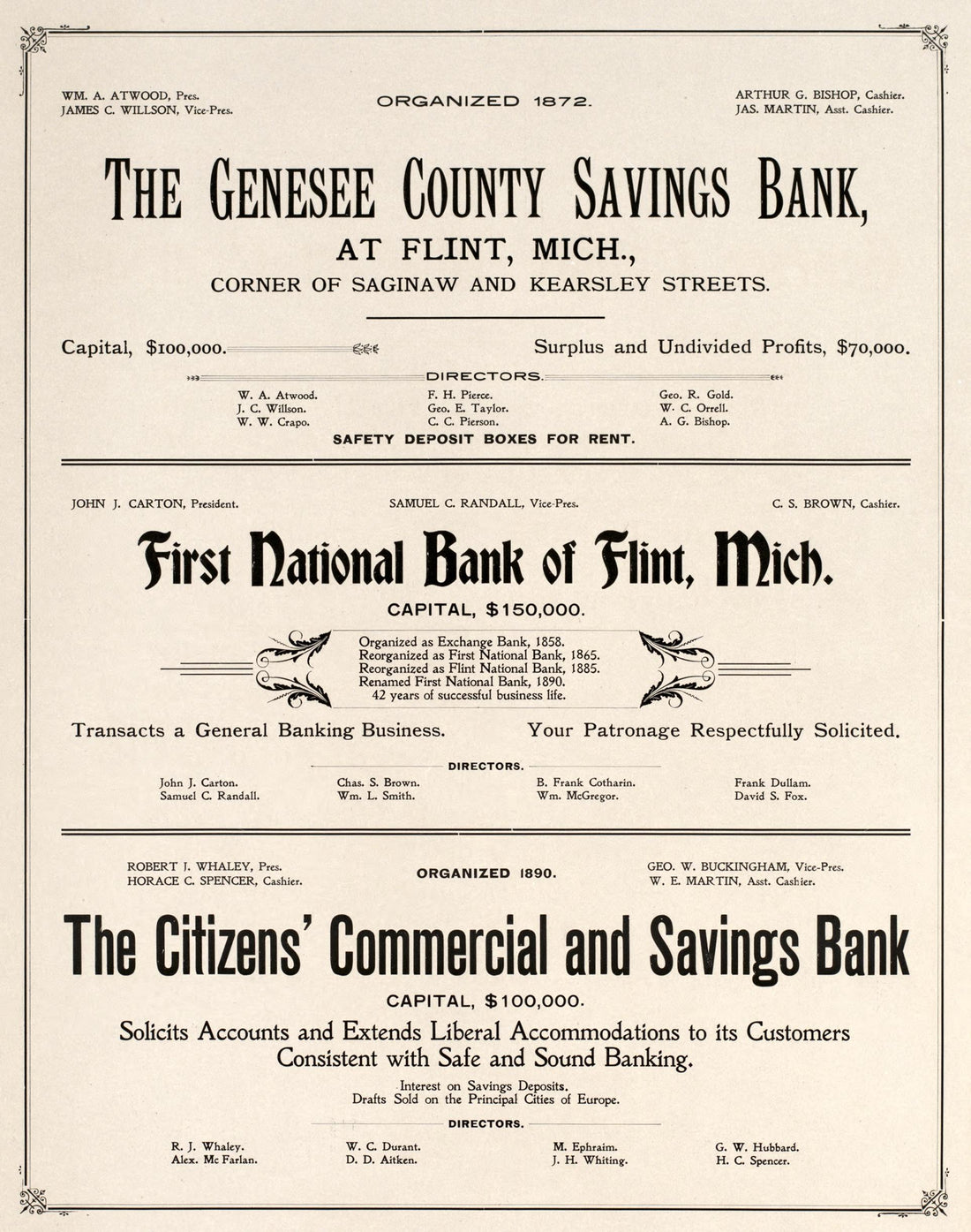 Genesee County Bank/ First National Bank from Atlas of Genesee County, Michigan : Containing Maps of Every Township In the County, With Village and City Plats, Also Maps of Michigan and the United States, from Official Records 1899 by Relic Map Company