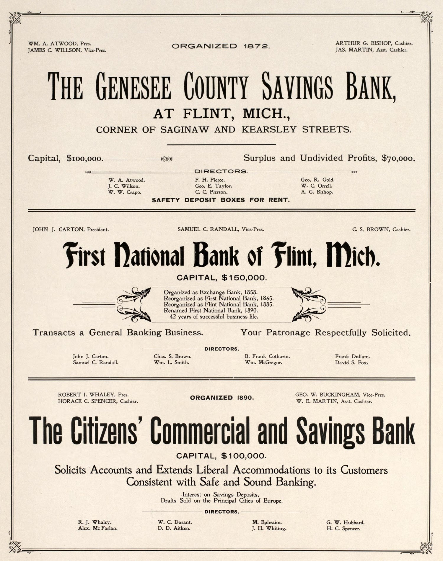 Genesee County Bank/ First National Bank from Atlas of Genesee County, Michigan : Containing Maps of Every Township In the County, With Village and City Plats, Also Maps of Michigan and the United States, from Official Records 1899 by Relic Map Company