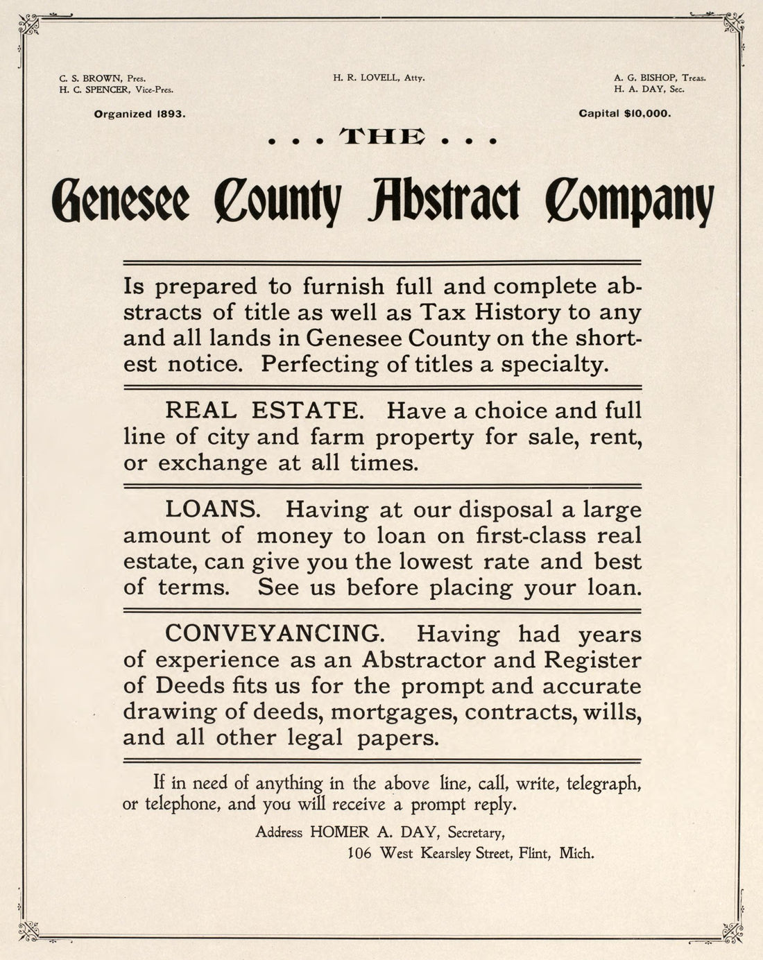 Genesee County Abstract Company from Atlas of Genesee County, Michigan : Containing Maps of Every Township In the County, With Village and City Plats, Also Maps of Michigan and the United States, from Official Records 1899 by Relic Map Company