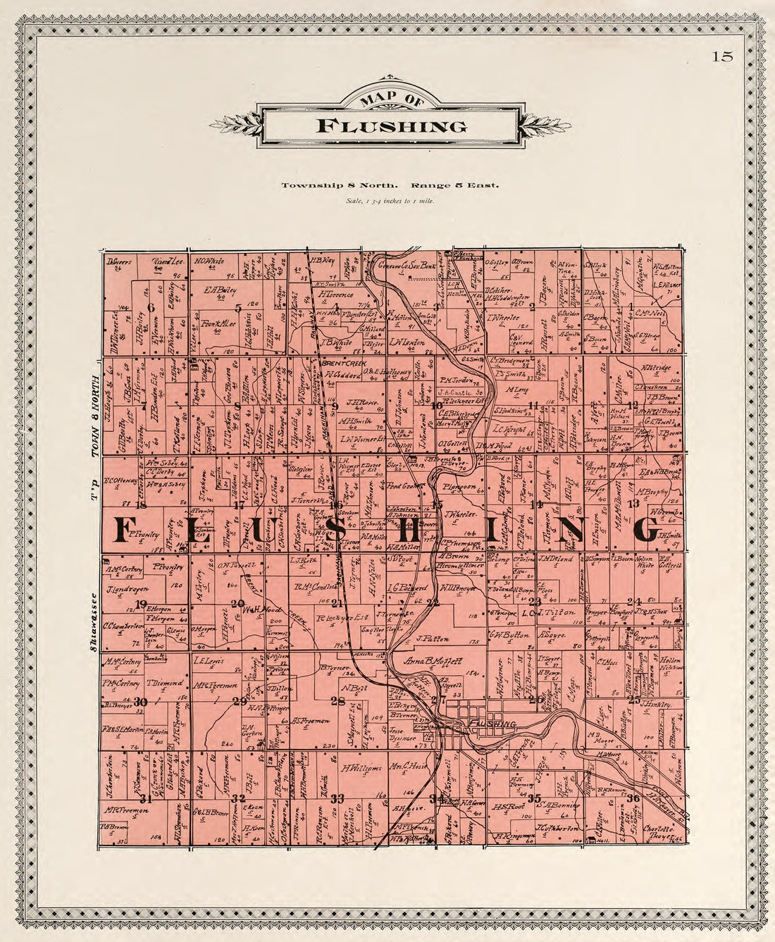 Map of Flushing from Atlas of Genesee County, Michigan : Containing Maps of Every Township In the County, With Village and City Plats, Also Maps of Michigan and the United States, from Official Records 1899 by Relic Map Company