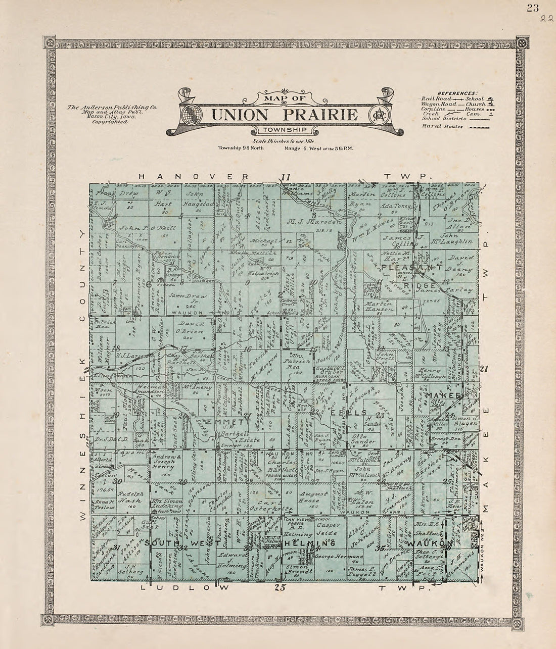 Union Prairie Township from Atlas of Allamakee County, Iowa : Containing Maps of Townships of the County, Maps of State, United States and World, Farmers Directory, Analysis of the System of U.S. Land Surveys 1917 by Relic Map Company