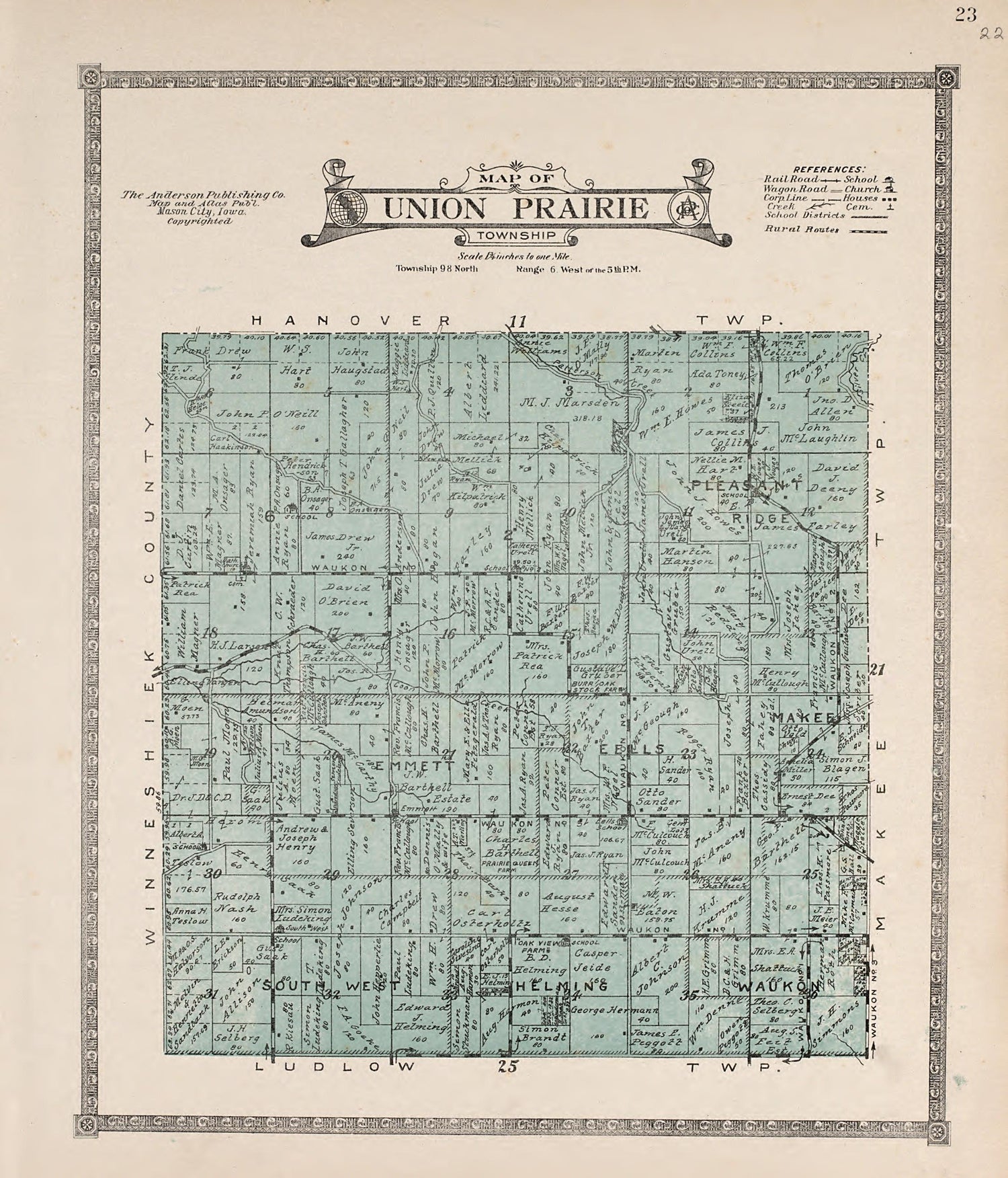 Union Prairie Township from Atlas of Allamakee County, Iowa : Containing Maps of Townships of the County, Maps of State, United States and World, Farmers Directory, Analysis of the System of U.S. Land Surveys 1917 by Relic Map Company