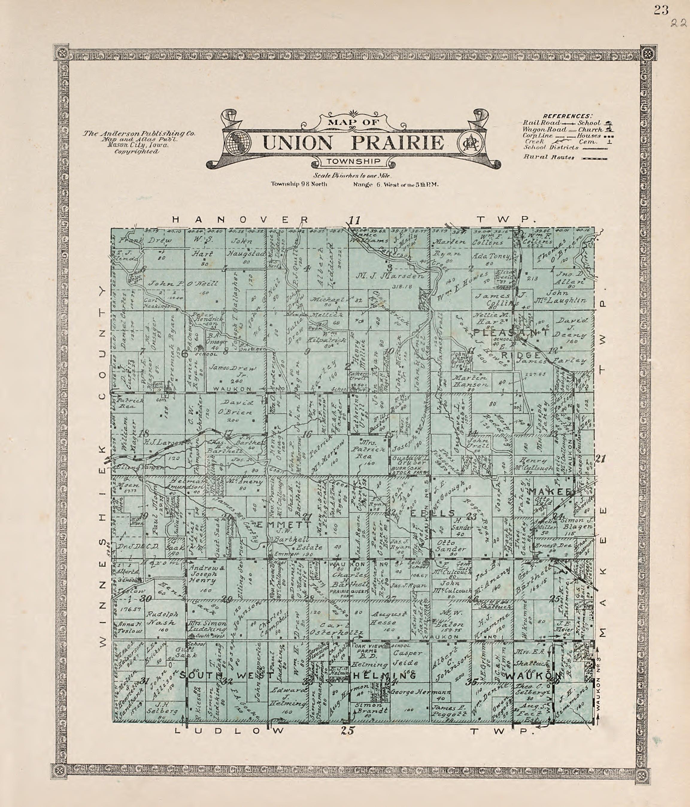 Union Prairie Township from Atlas of Allamakee County, Iowa : Containing Maps of Townships of the County, Maps of State, United States and World, Farmers Directory, Analysis of the System of U.S. Land Surveys 1917 by Relic Map Company