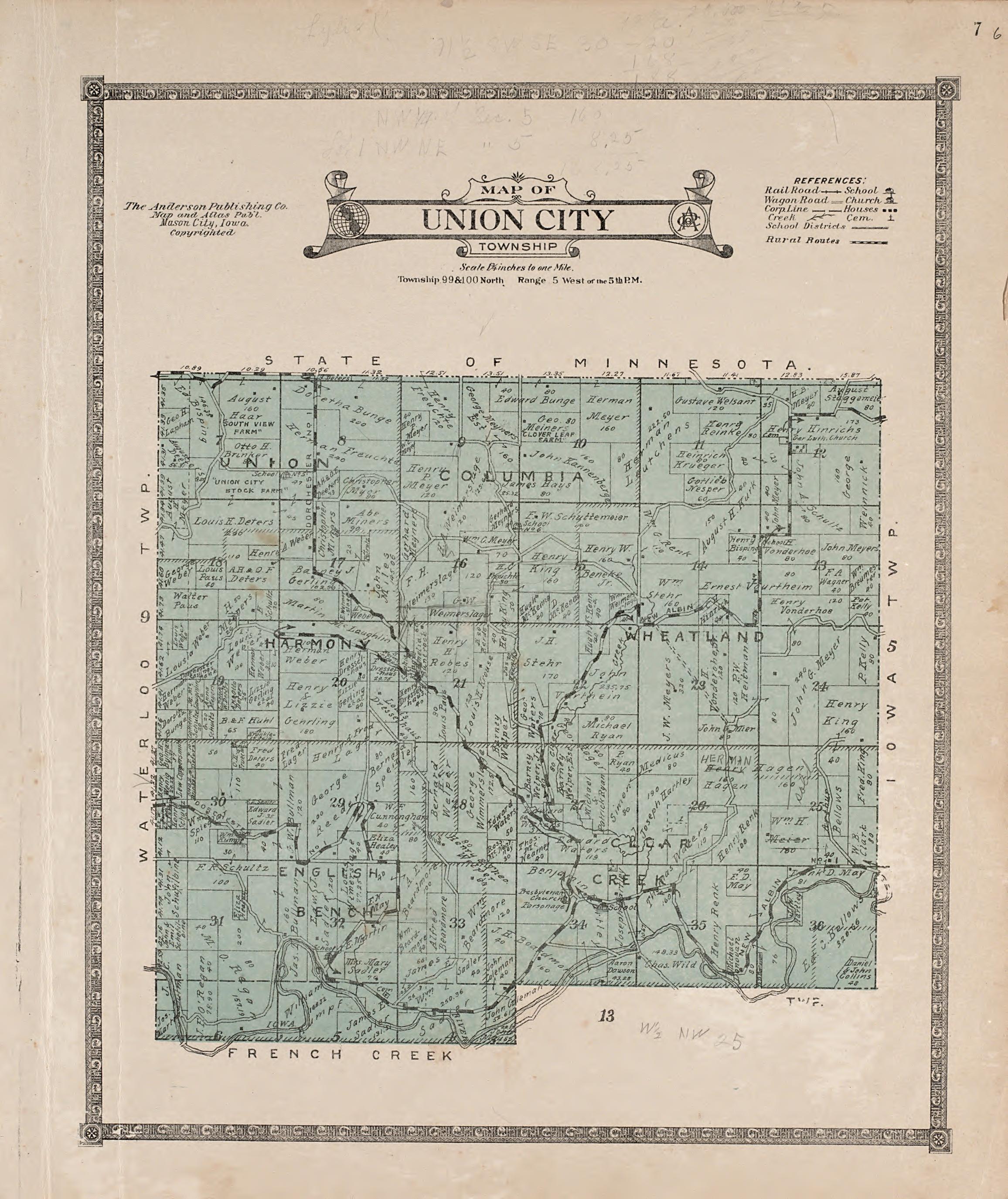 Union City Township from Atlas of Allamakee County, Iowa : Containing Maps of Townships of the County, Maps of State, United States and World, Farmers Directory, Analysis of the System of U.S. Land Surveys 1917 by Relic Map Company