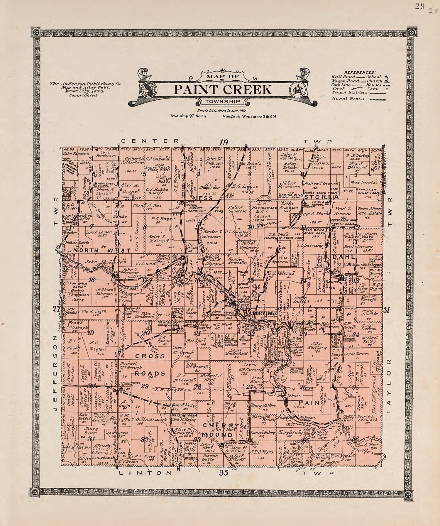 Paint Creek Township from Atlas of Allamakee County, Iowa : Containing Maps of Townships of the County, Maps of State, United States and World, Farmers Directory, Analysis of the System of U.S. Land Surveys 1917 by Relic Map Company