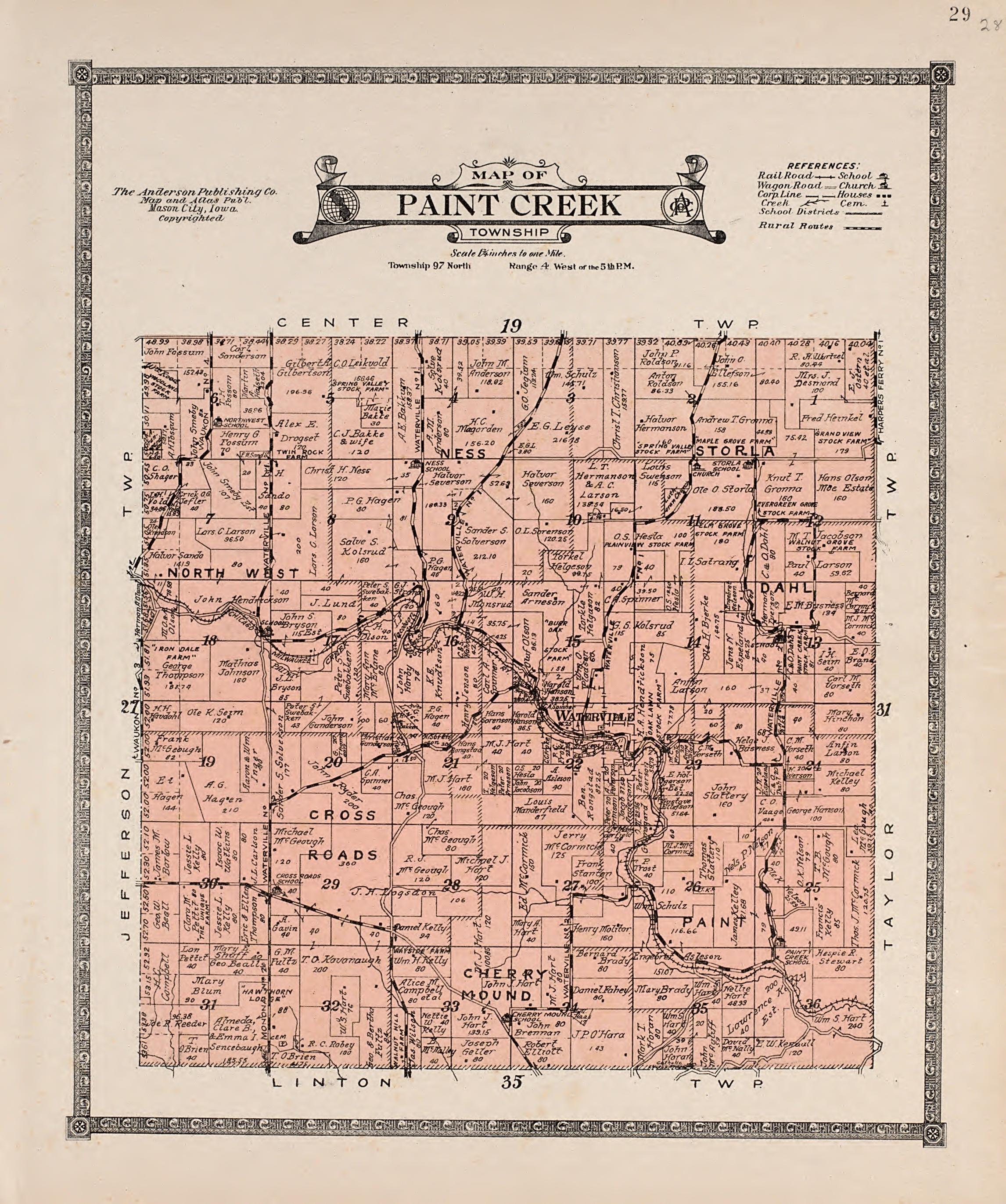 Paint Creek Township from Atlas of Allamakee County, Iowa : Containing Maps of Townships of the County, Maps of State, United States and World, Farmers Directory, Analysis of the System of U.S. Land Surveys 1917 by Relic Map Company