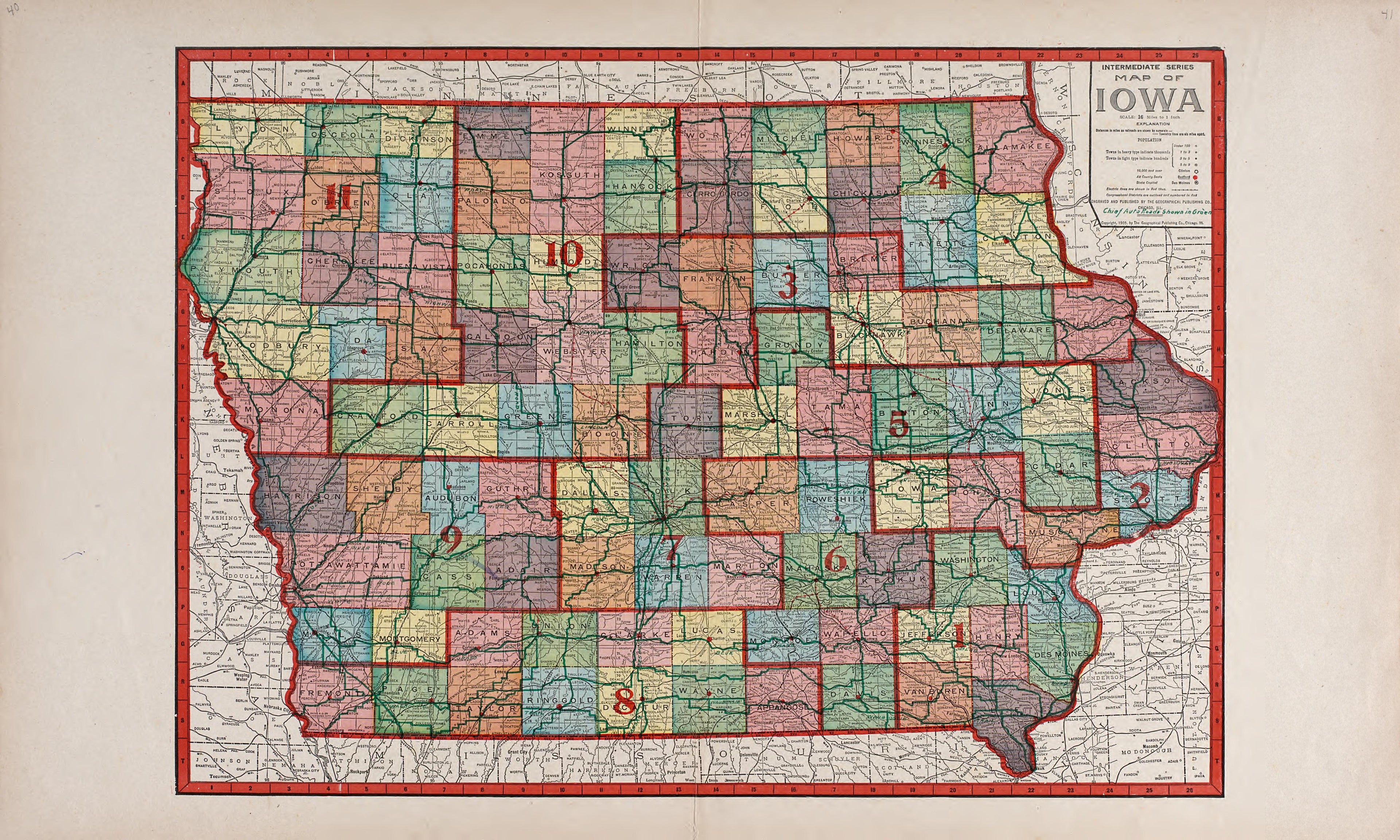 Intermediate Series Map of Iowa from Atlas of Allamakee County, Iowa : Containing Maps of Townships of the County, Maps of State, United States and World, Farmers Directory, Analysis of the System of U.S. Land Surveys 1917 by Relic Map Company