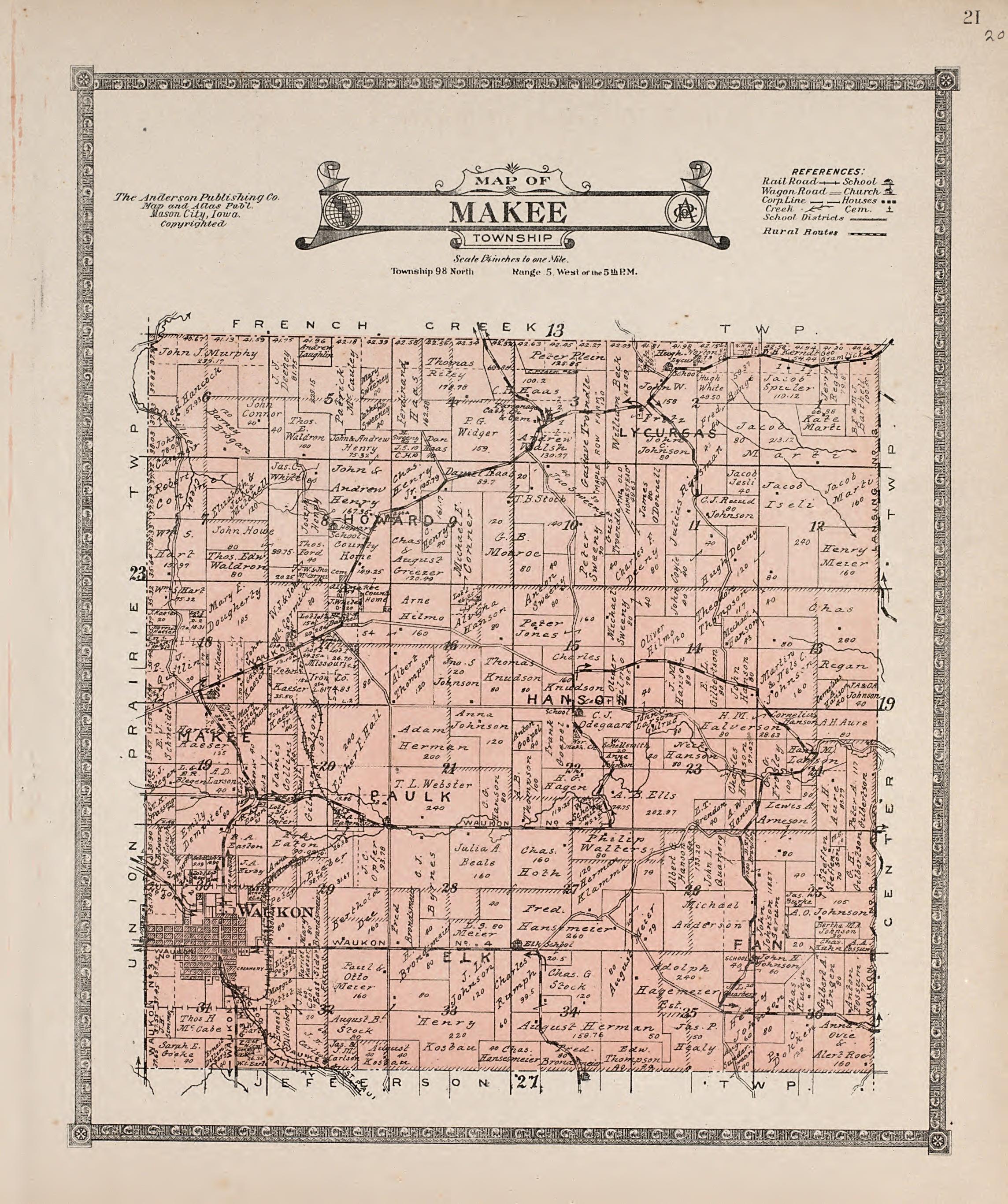 Makee Township from Atlas of Allamakee County, Iowa : Containing Maps of Townships of the County, Maps of State, United States and World, Farmers Directory, Analysis of the System of U.S. Land Surveys 1917 by Relic Map Company