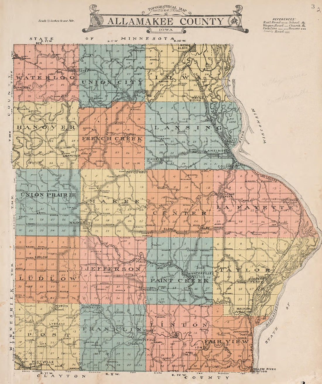 Topographical Map of Allamakee County, Iowa from Atlas of Allamakee County, Iowa : Containing Maps of Townships of the County, Maps of State, United States and World, Farmers Directory, Analysis of the System of U.S. Land Surveys 1917 by Relic Map Company