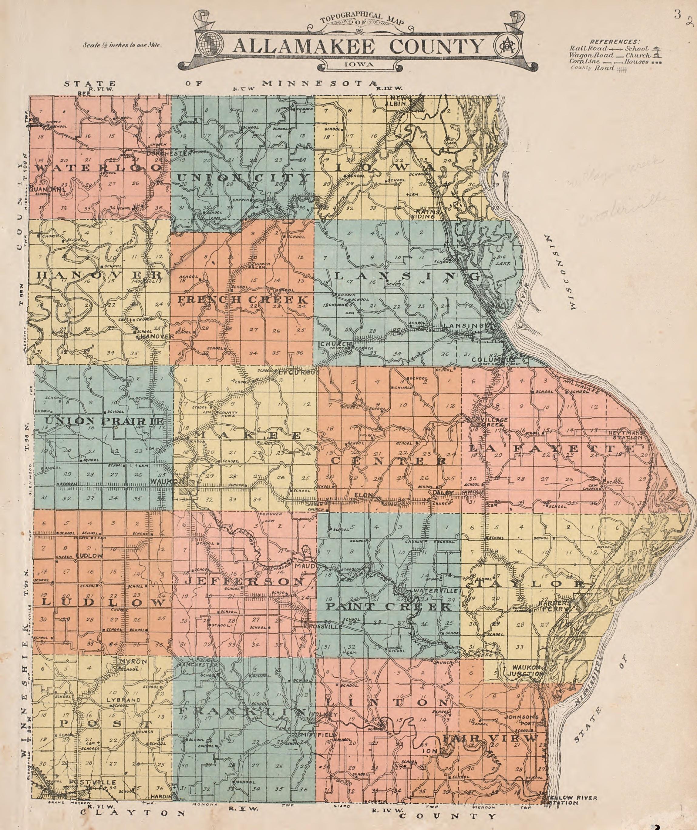 Topographical Map of Allamakee County, Iowa from Atlas of Allamakee County, Iowa : Containing Maps of Townships of the County, Maps of State, United States and World, Farmers Directory, Analysis of the System of U.S. Land Surveys 1917 by Relic Map Company
