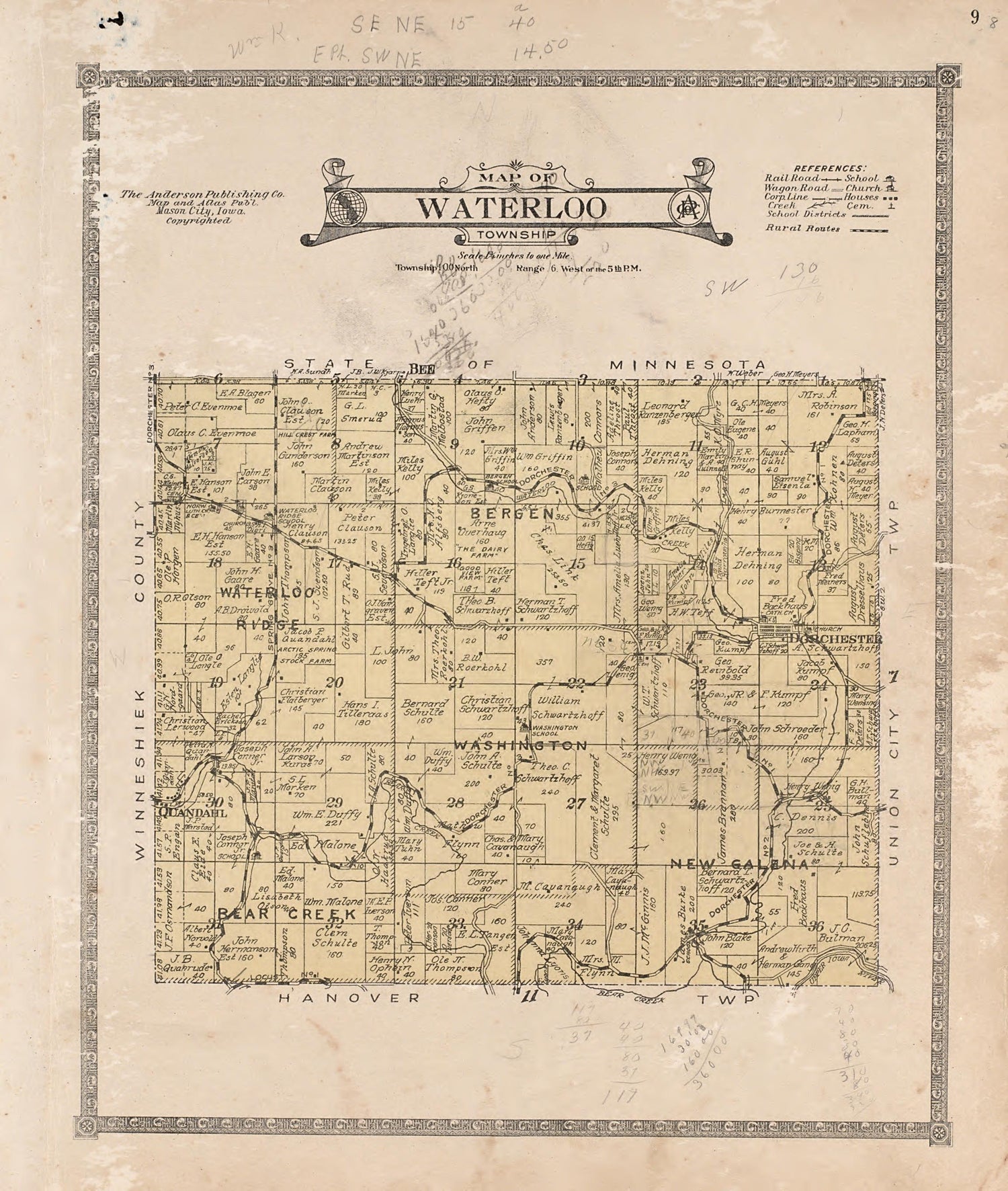 Waterloo Township from Atlas of Allamakee County, Iowa : Containing Maps of Townships of the County, Maps of State, United States and World, Farmers Directory, Analysis of the System of U.S. Land Surveys 1917 by Relic Map Company