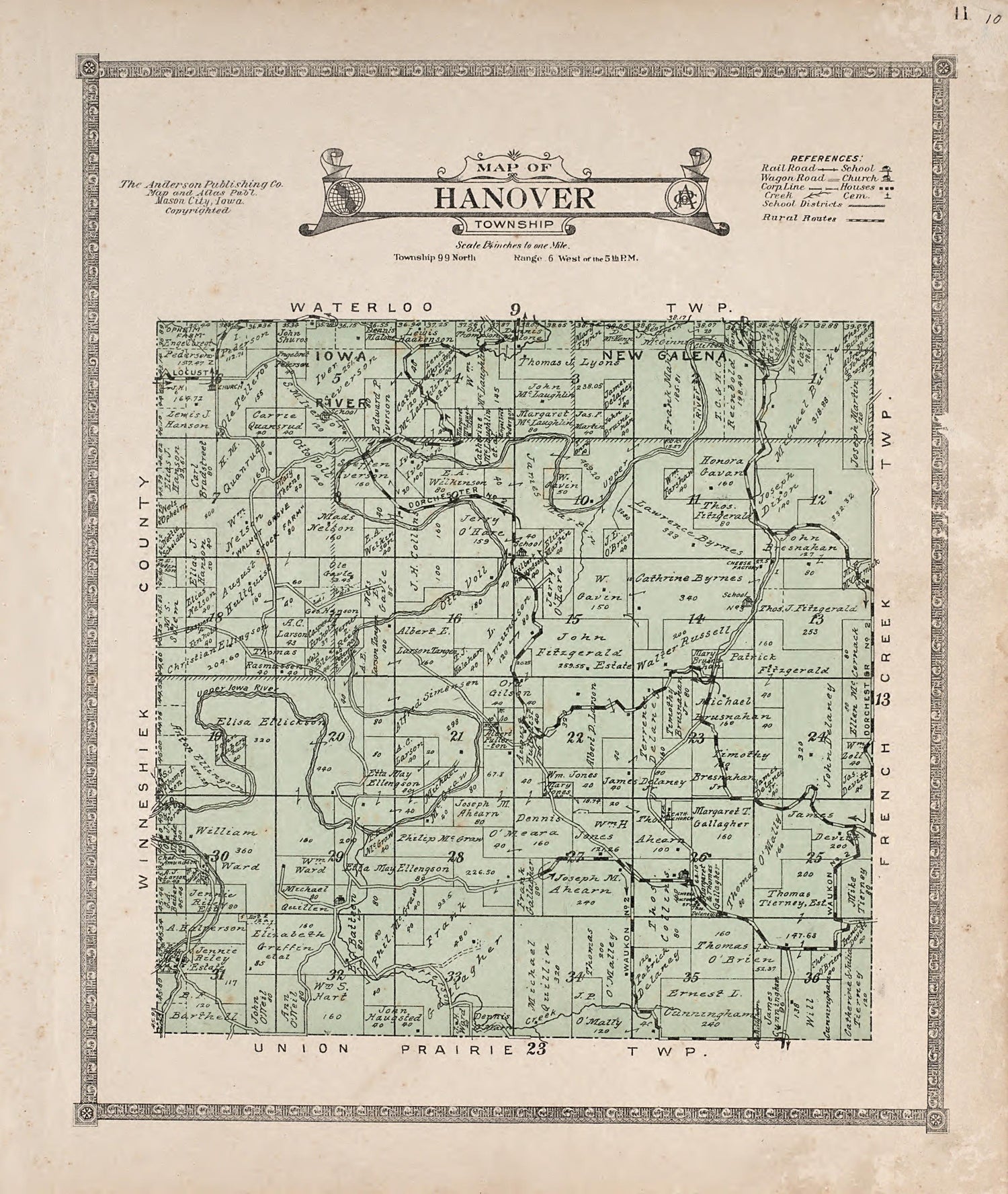 Hanover Township from Atlas of Allamakee County, Iowa : Containing Maps of Townships of the County, Maps of State, United States and World, Farmers Directory, Analysis of the System of U.S. Land Surveys 1917 by Relic Map Company
