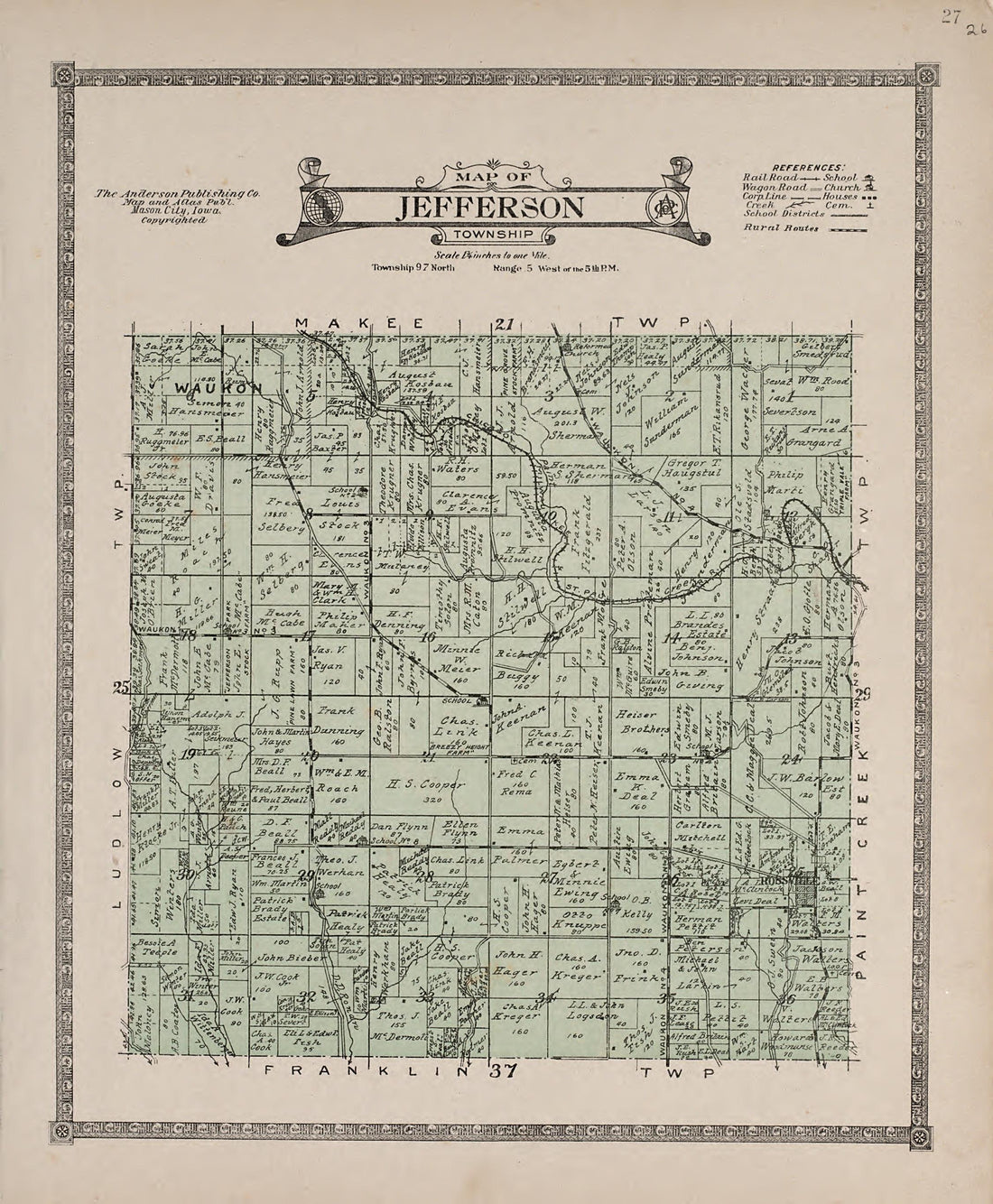 Jefferson Township from Atlas of Allamakee County, Iowa : Containing Maps of Townships of the County, Maps of State, United States and World, Farmers Directory, Analysis of the System of U.S. Land Surveys 1917 by Relic Map Company