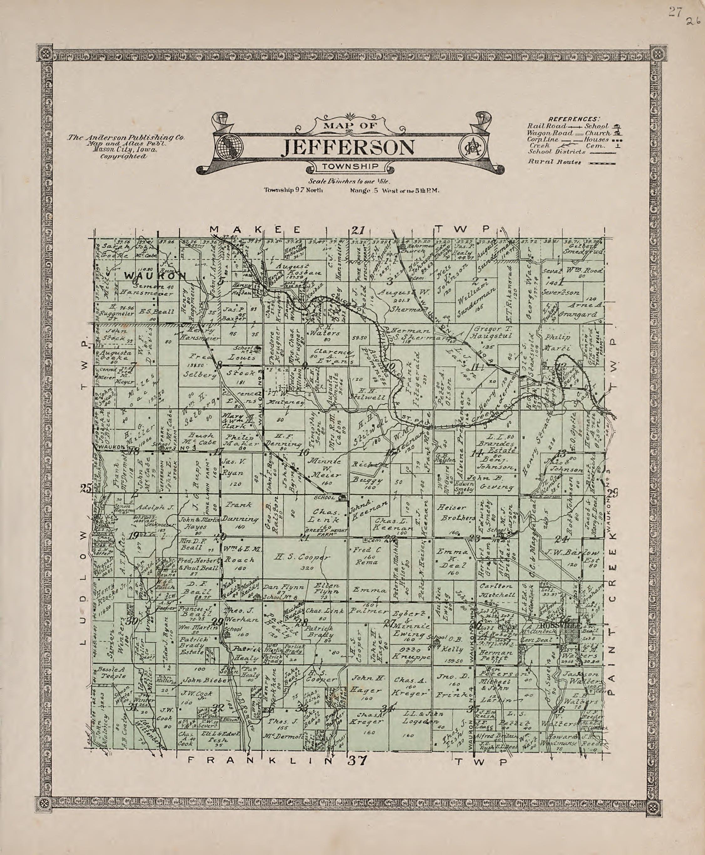 Jefferson Township from Atlas of Allamakee County, Iowa : Containing Maps of Townships of the County, Maps of State, United States and World, Farmers Directory, Analysis of the System of U.S. Land Surveys 1917 by Relic Map Company