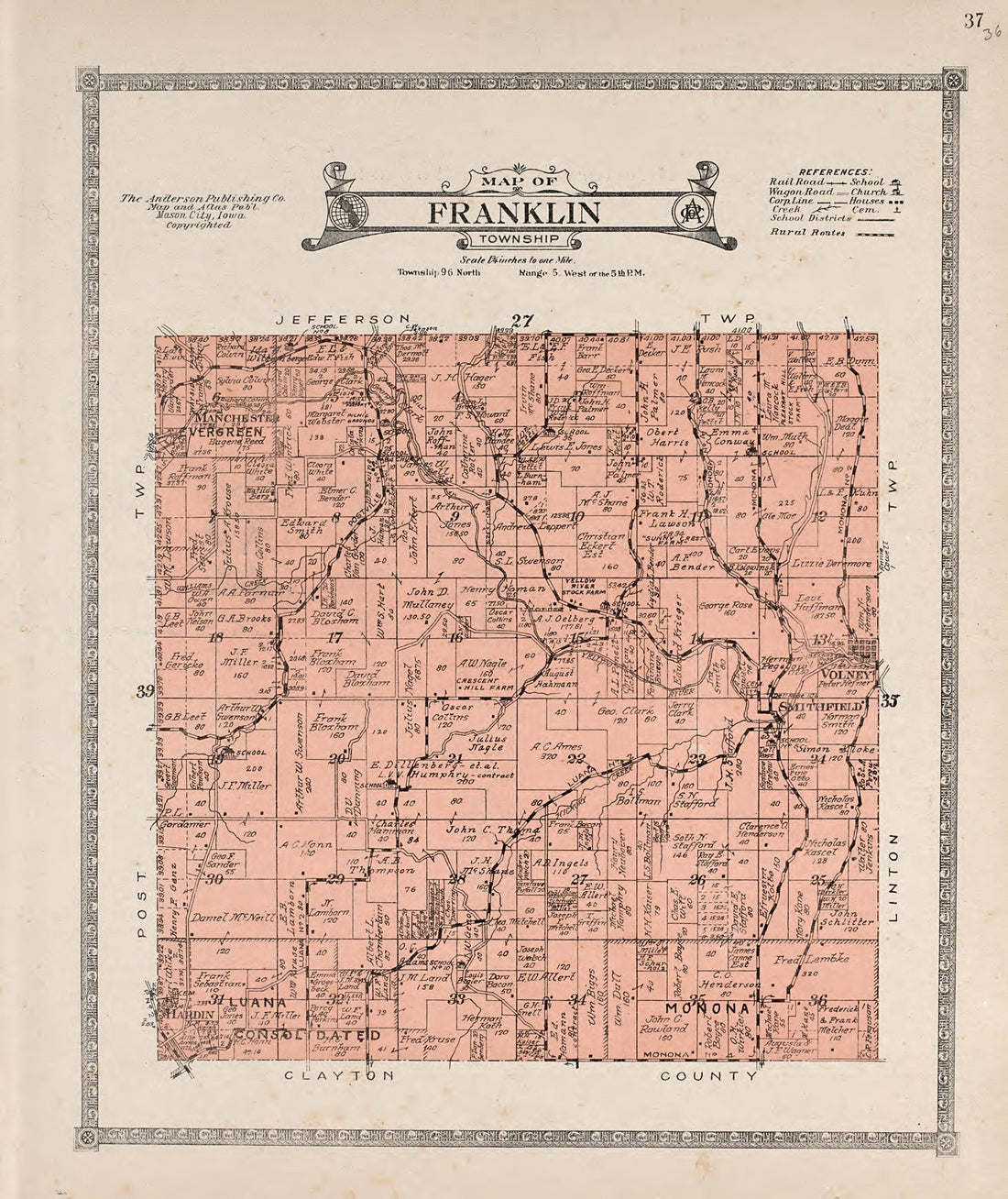 Franklin Township from Atlas of Allamakee County, Iowa : Containing Maps of Townships of the County, Maps of State, United States and World, Farmers Directory, Analysis of the System of U.S. Land Surveys 1917 by Relic Map Company