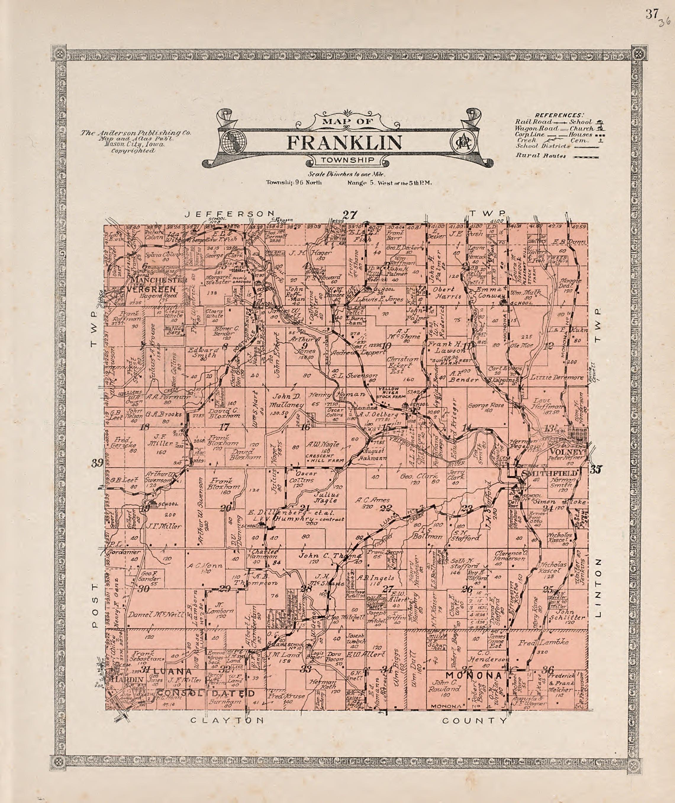 Franklin Township from Atlas of Allamakee County, Iowa : Containing Maps of Townships of the County, Maps of State, United States and World, Farmers Directory, Analysis of the System of U.S. Land Surveys 1917 by Relic Map Company