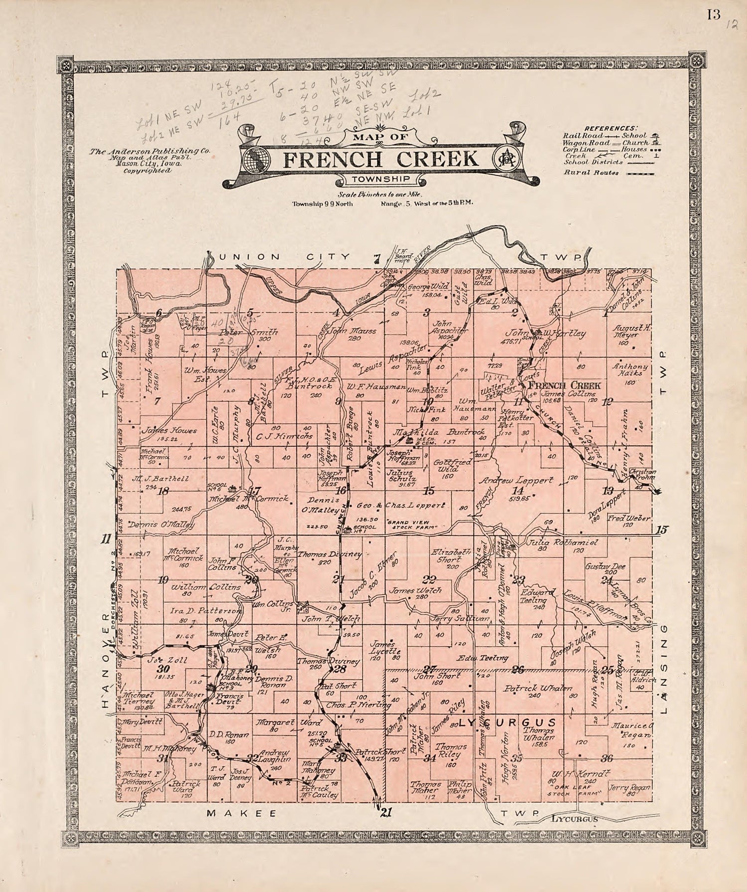 French Creek Township from Atlas of Allamakee County, Iowa : Containing Maps of Townships of the County, Maps of State, United States and World, Farmers Directory, Analysis of the System of U.S. Land Surveys 1917 by Relic Map Company