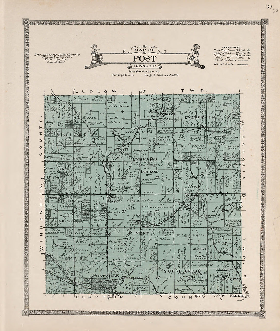 Post Township from Atlas of Allamakee County, Iowa : Containing Maps of Townships of the County, Maps of State, United States and World, Farmers Directory, Analysis of the System of U.S. Land Surveys 1917 by Relic Map Company