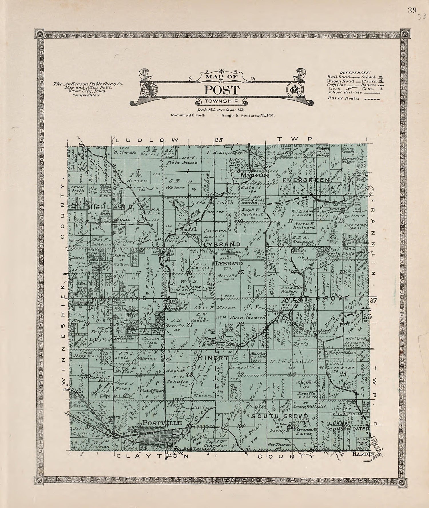 Post Township from Atlas of Allamakee County, Iowa : Containing Maps of Townships of the County, Maps of State, United States and World, Farmers Directory, Analysis of the System of U.S. Land Surveys 1917 by Relic Map Company