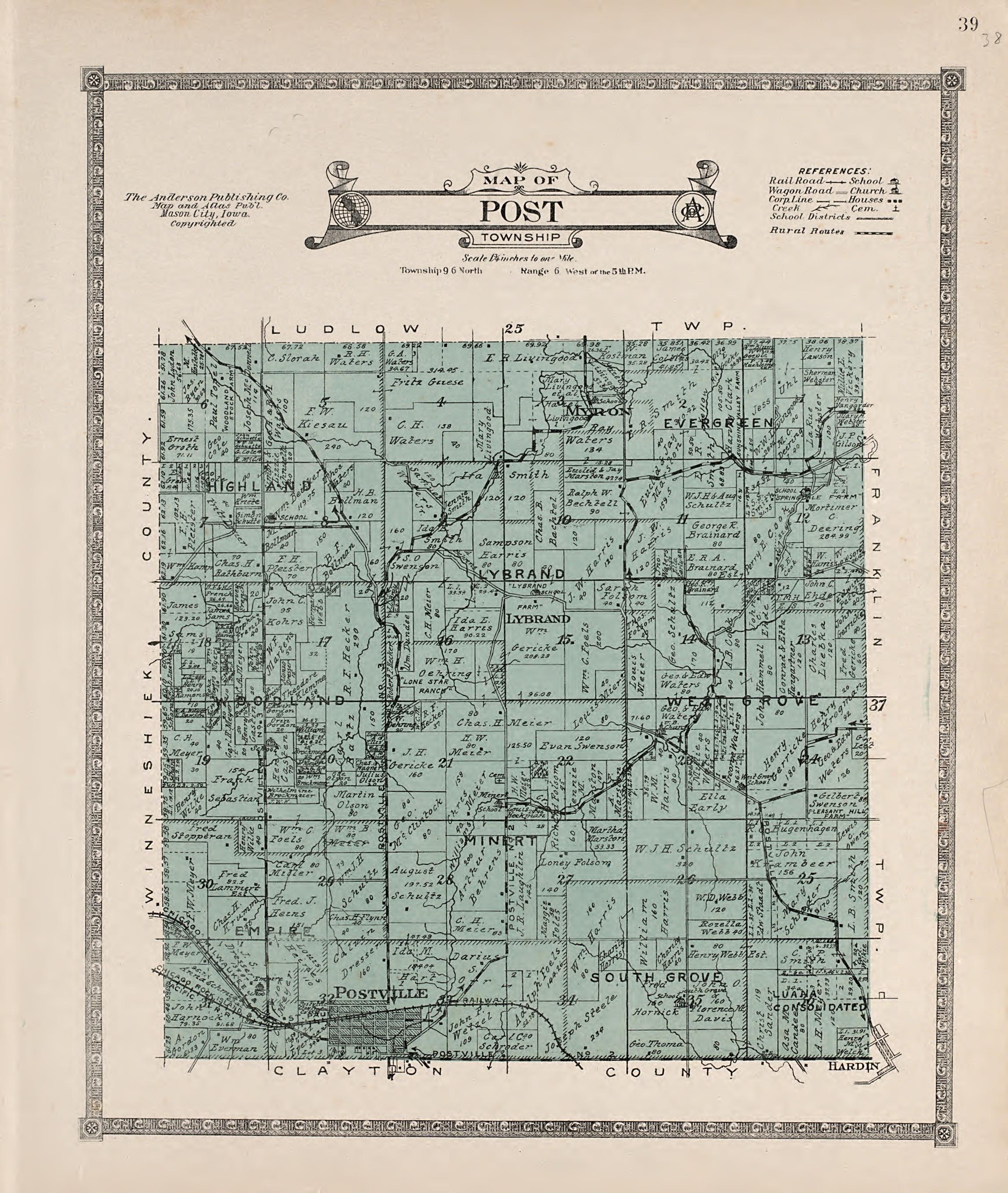 Post Township from Atlas of Allamakee County, Iowa : Containing Maps of Townships of the County, Maps of State, United States and World, Farmers Directory, Analysis of the System of U.S. Land Surveys 1917 by Relic Map Company