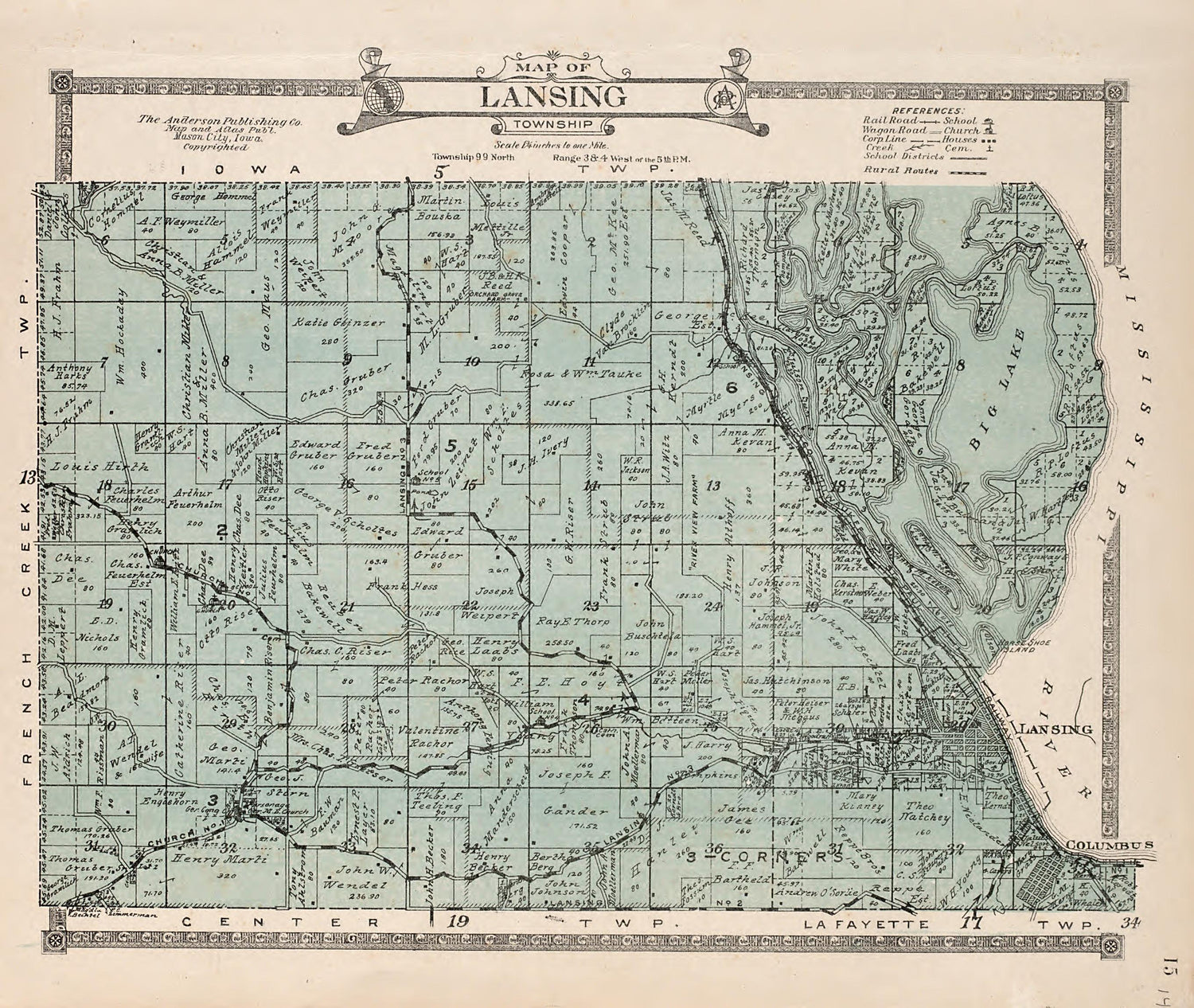 Lansing Township from Atlas of Allamakee County, Iowa : Containing Maps of Townships of the County, Maps of State, United States and World, Farmers Directory, Analysis of the System of U.S. Land Surveys 1917 by Relic Map Company