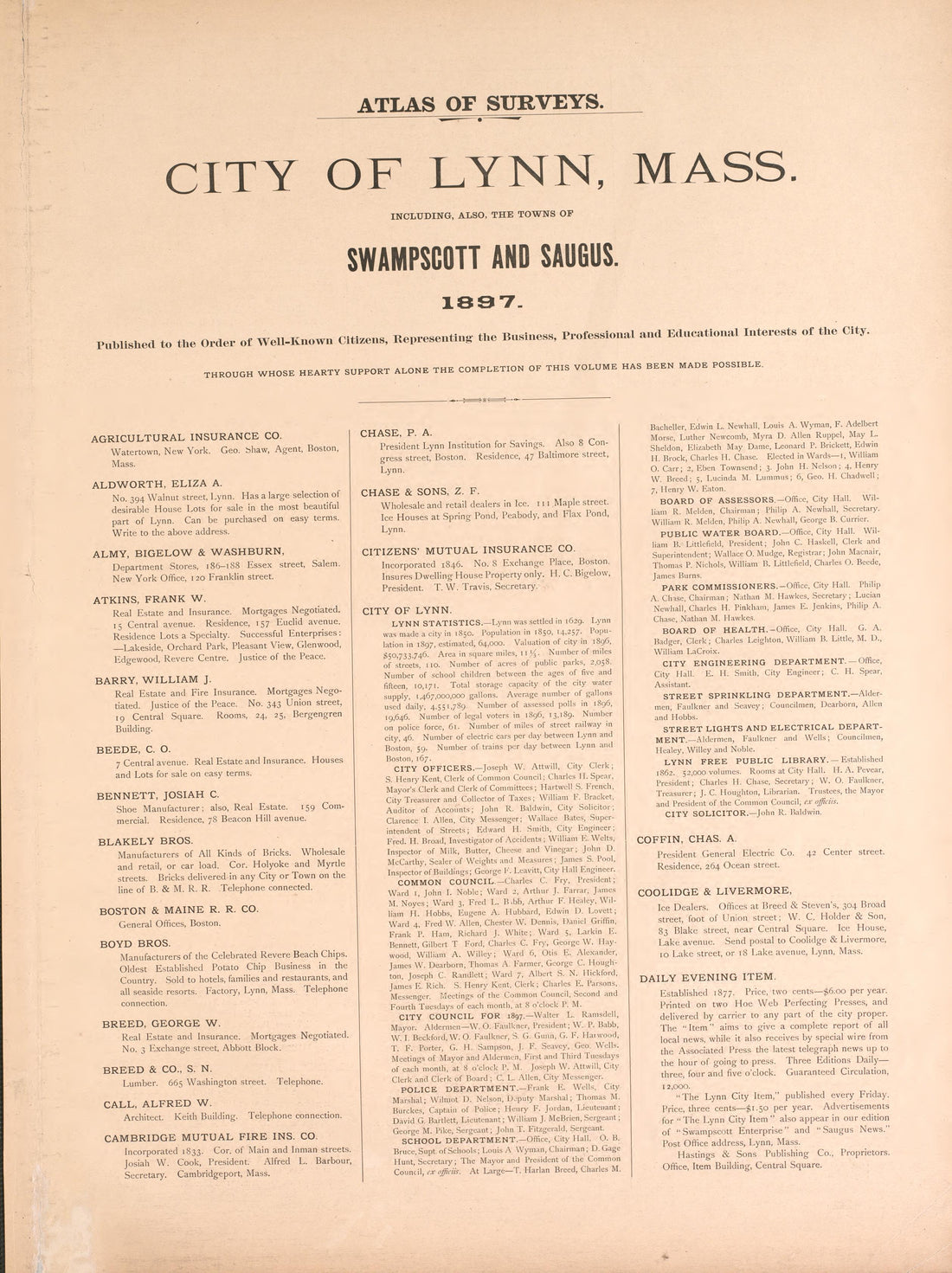 Atlas of Surveys, City of Lynn from Atlas of the City of Lynn, Massachusetts : Including Also the Towns of Swampscott and Saugus : Based Upon, and Carefully Compiled From, the Best Obtainable Public and Private Sources, Together With … 1897 by Relic Map Company