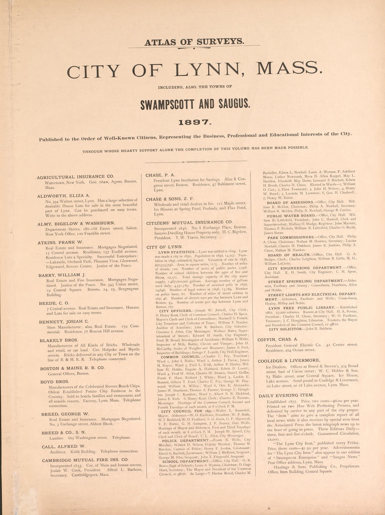 Atlas of Surveys, City of Lynn from Atlas of the City of Lynn, Massachusetts : Including Also the Towns of Swampscott and Saugus : Based Upon, and Carefully Compiled From, the Best Obtainable Public and Private Sources, Together With … 1897 by Relic Map Company