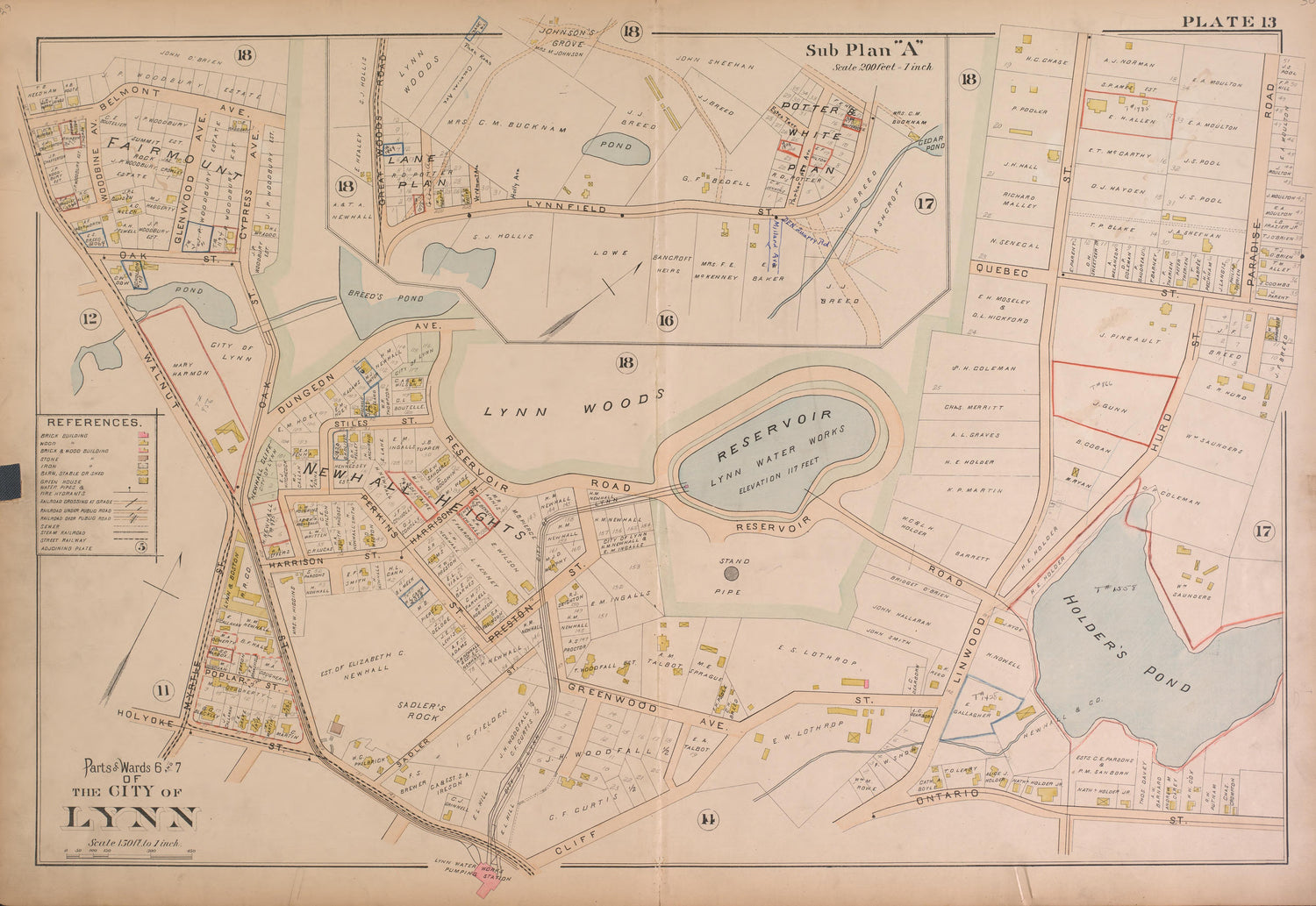 Lynn--Plate 13 from Atlas of the City of Lynn, Massachusetts : Including Also the Towns of Swampscott and Saugus : Based Upon, and Carefully Compiled From, the Best Obtainable Public and Private Sources, Together With … 1897 by Relic Map Company