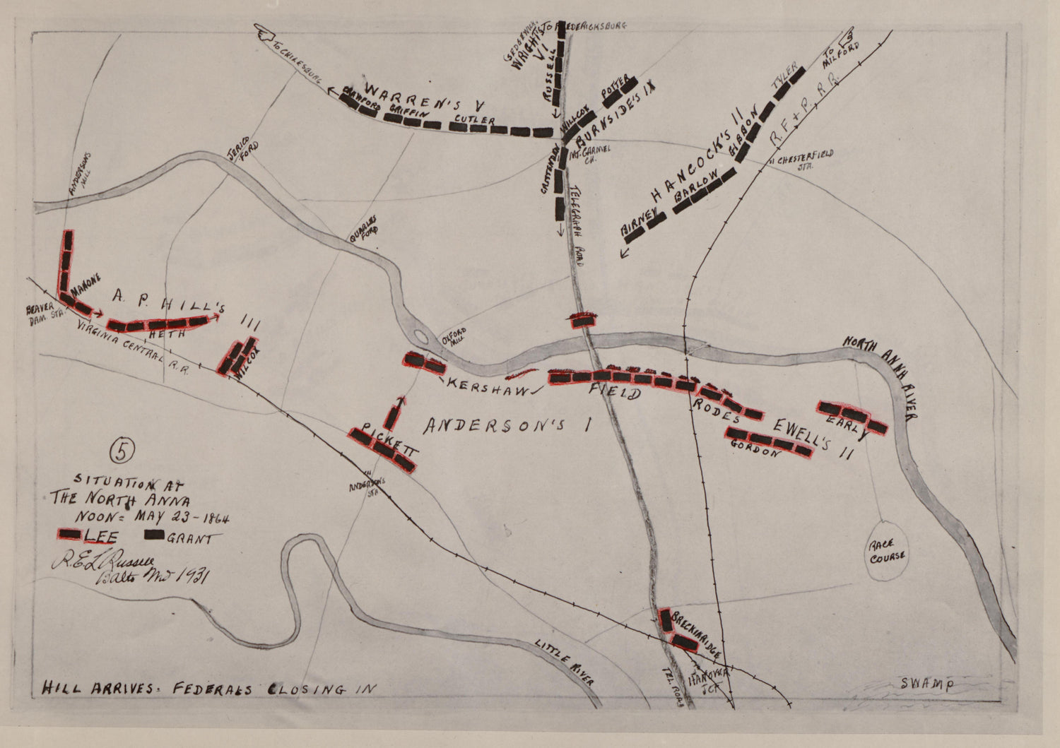 No 5 - Situation at the North Anna - Noon, May 23 -1864 from the North Anna and Movement from Spottsylvania sic, May 21-26, 1864 Between Lee, 50,000 and Grant, 100,000 by Relic Map Company