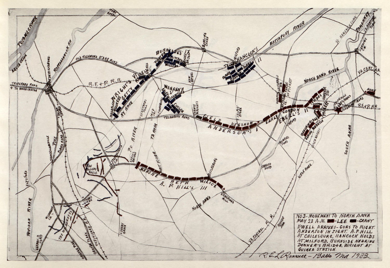 No 3 - Movement to North Anna, May 22 - A.M. from the North Anna and Movement from Spottsylvania sic, May 21-26, 1864, Between Lee, 50,000 and Grant, 100,000 by Relic Map Company
