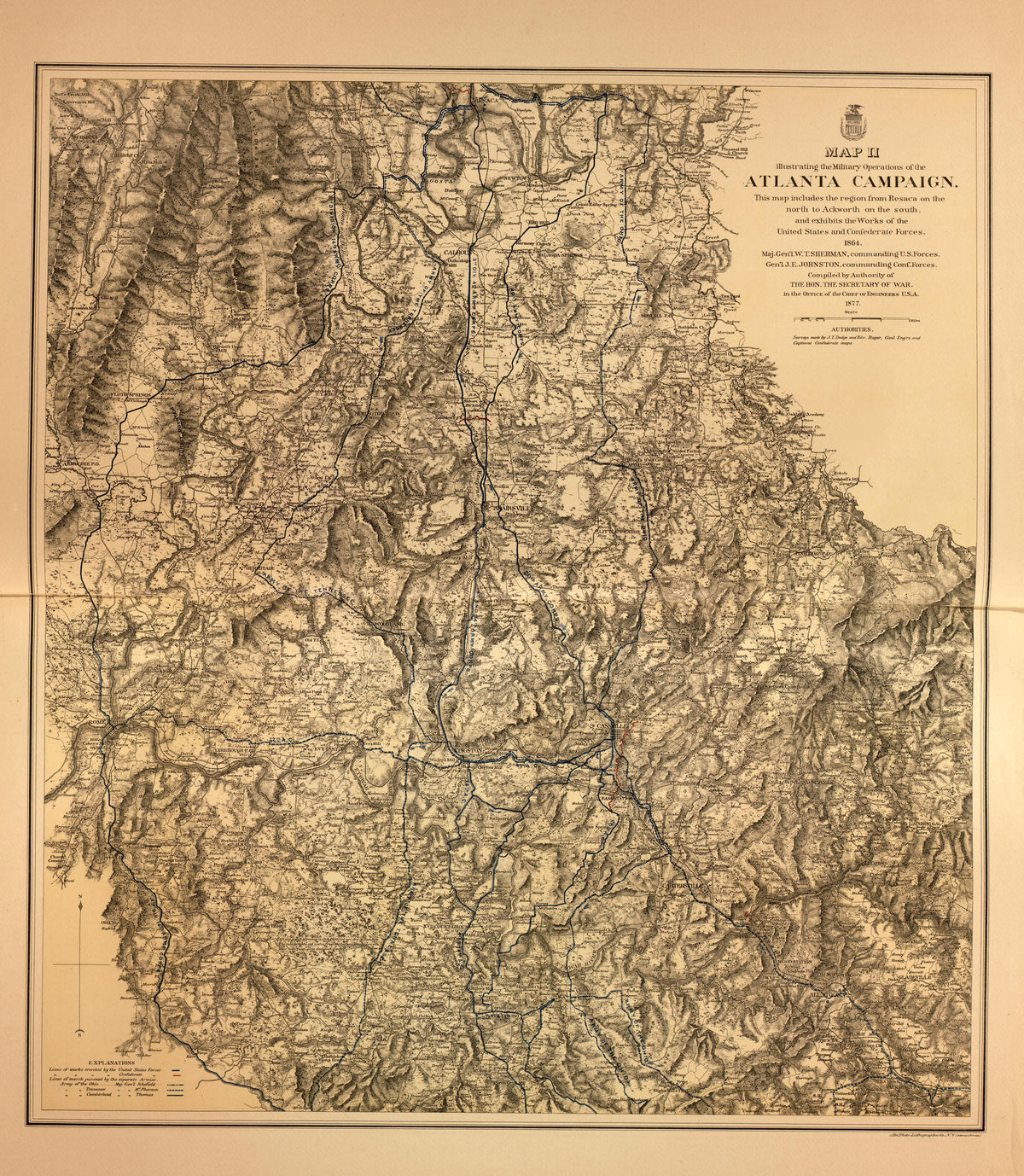 Map of Atlanta Campaign, from Resaca On the North to Ackworth On the South, 1864 from Military Maps of the United States 1883 by Relic Map Company