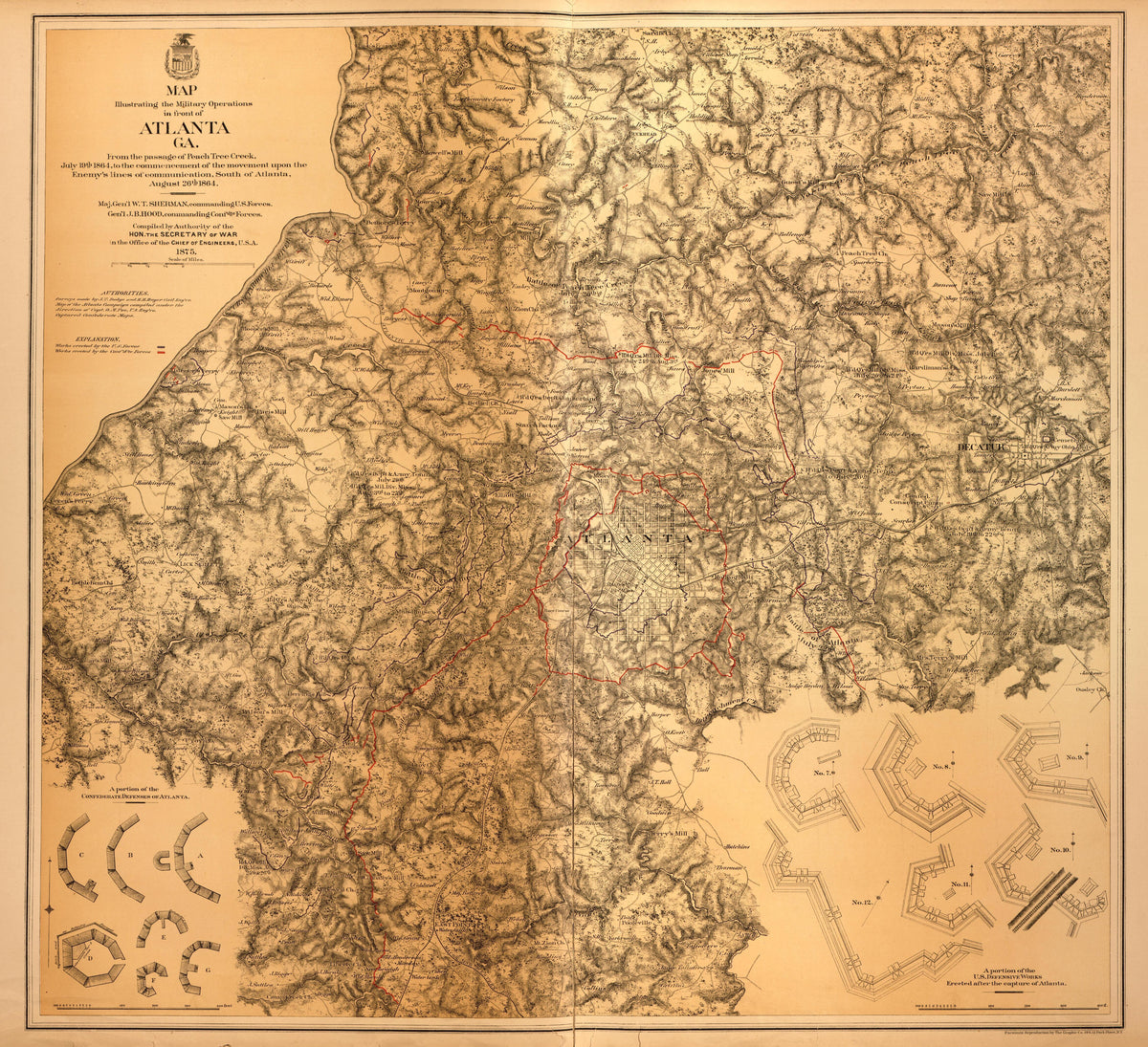 Map of Military Operations In Atlanta, Ga., Including Peach Tree Creek, 1864 from Military Maps of the United States 1883 by Relic Map Company