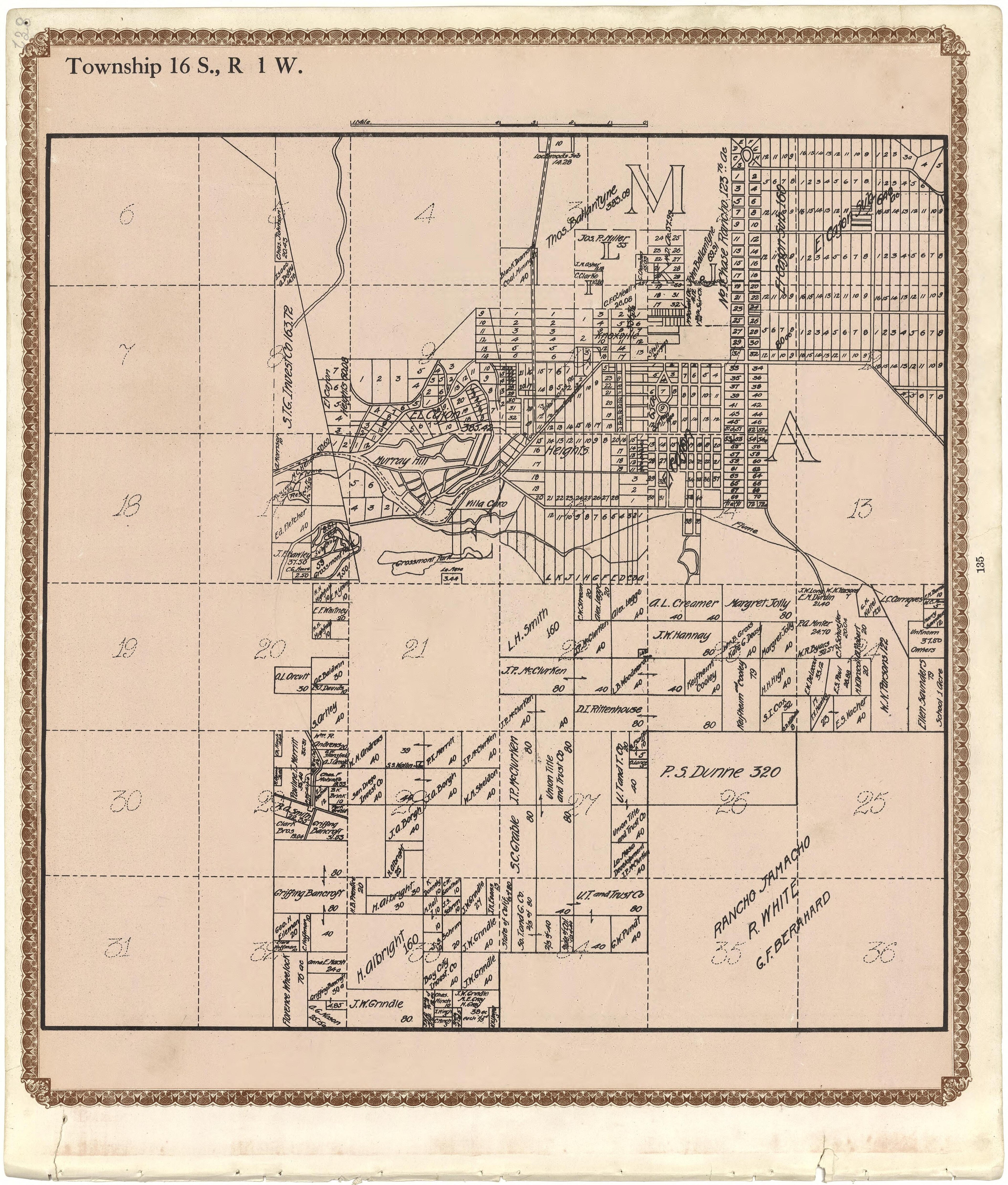 Township 16 S., R. 1 W from Plat Book of San Diego County, California 1912 by Relic Map Company