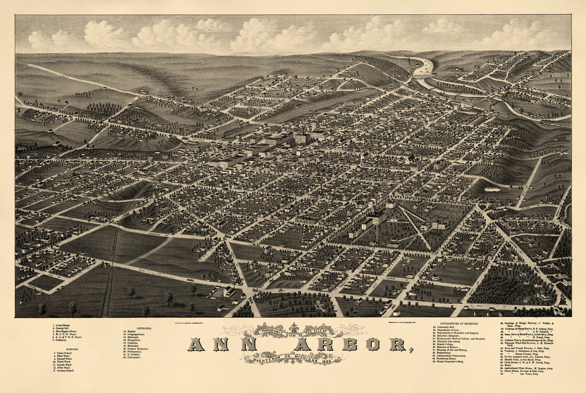 Panoramic View of the City of Ann Arbor, Washtenaw County, Michigan 1880 by Relic Map Company