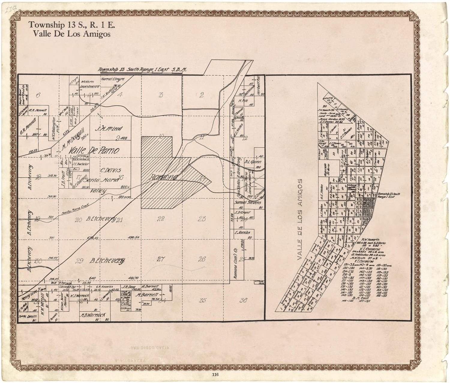 Township 13 S., R. 1 E Valle De Los Amigos from Plat Book of San Diego County, California 1912 by Relic Map Company
