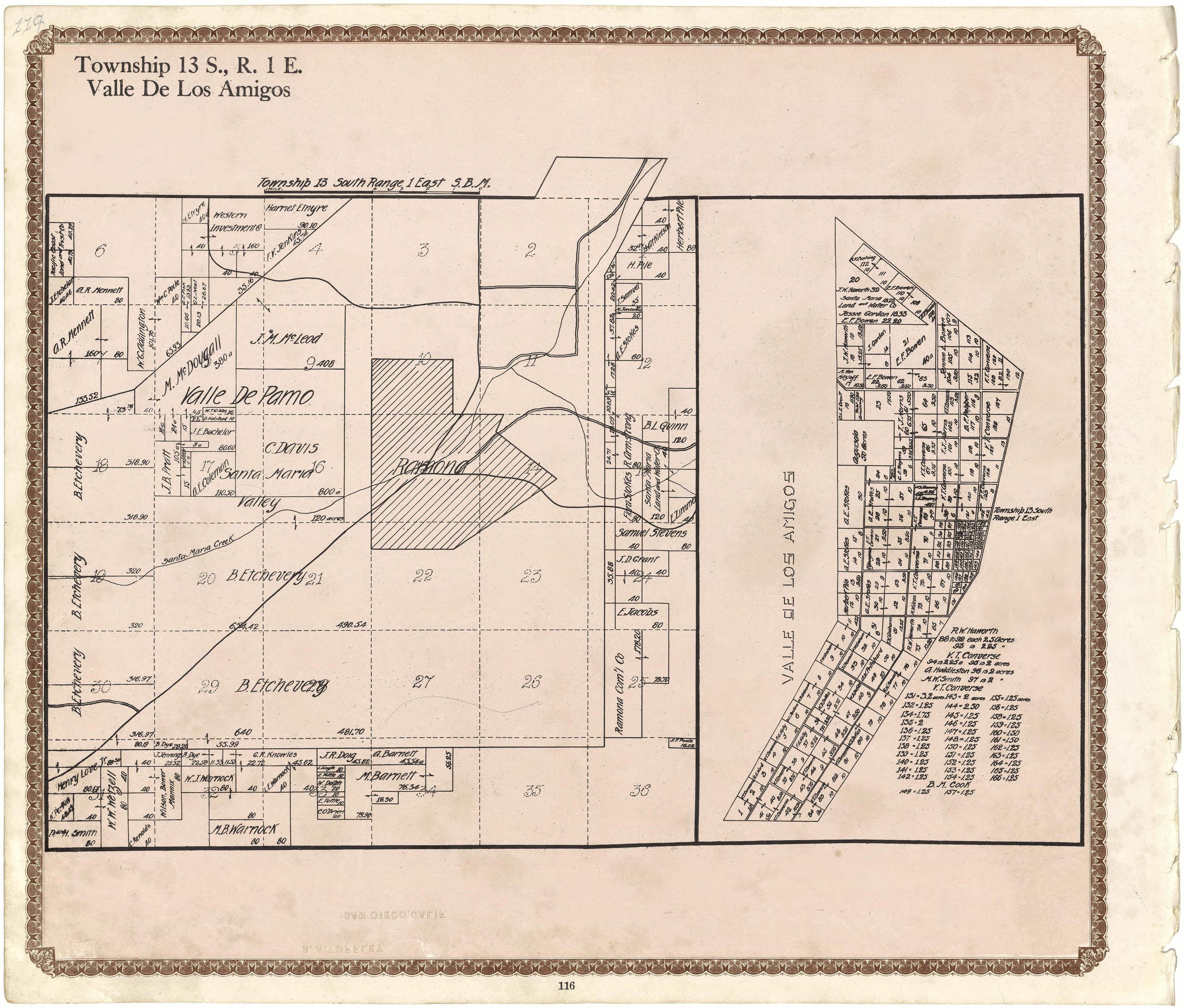 Township 13 S., R. 1 E Valle De Los Amigos from Plat Book of San Diego County, California 1912 by Relic Map Company