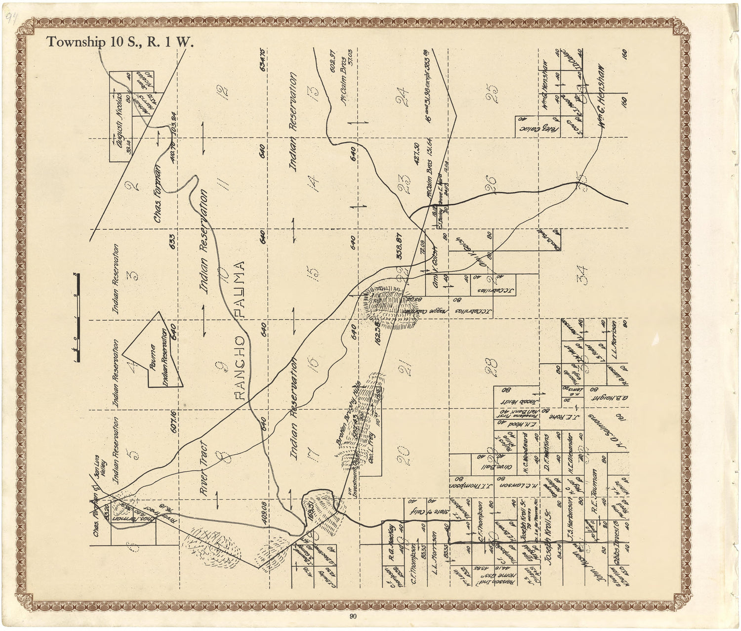 Township 10 S., R. 1 W from Plat Book of San Diego County, California 1912 by Relic Map Company