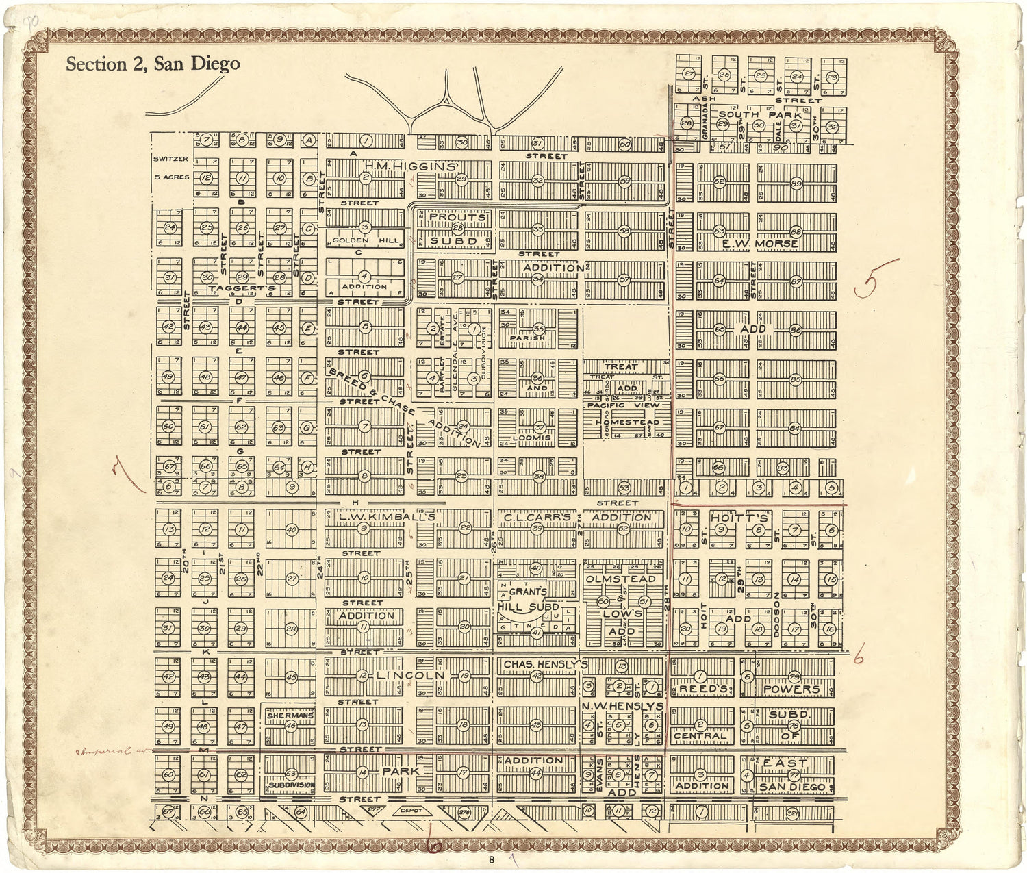 Section 2, San Diego from Plat Book of San Diego County, California 1912 by Relic Map Company