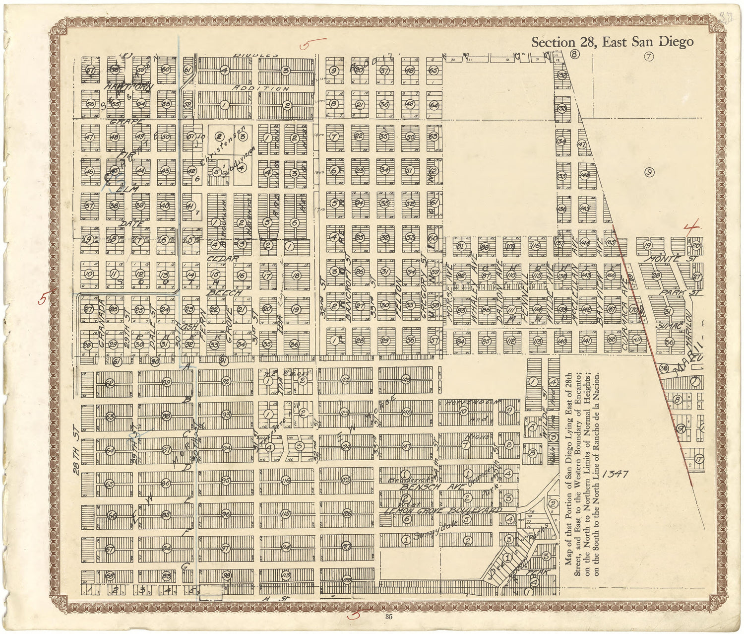 Section 28, East San Diego from Plat Book of San Diego County, California 1912 by Relic Map Company